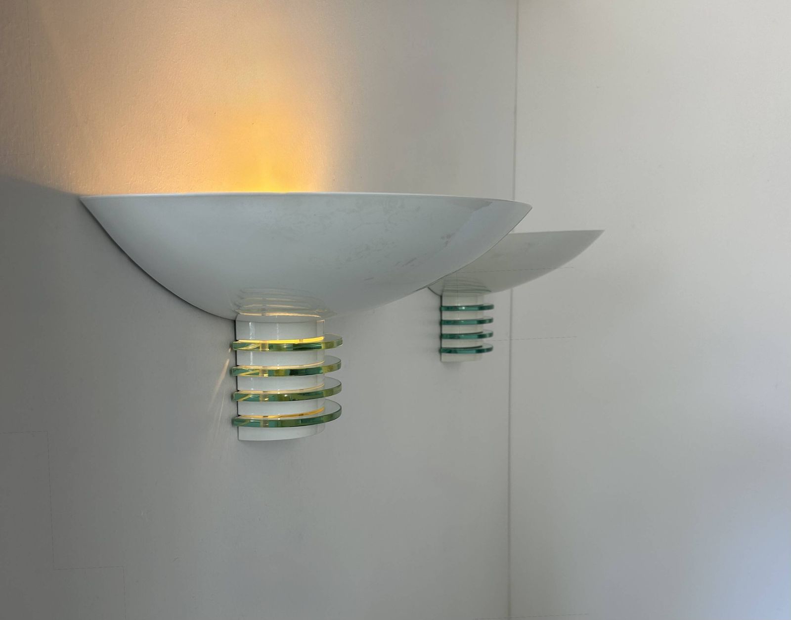 Pair Of Post Modernist Wall Lights, White Metal And Glass, France 1980 photo furniture