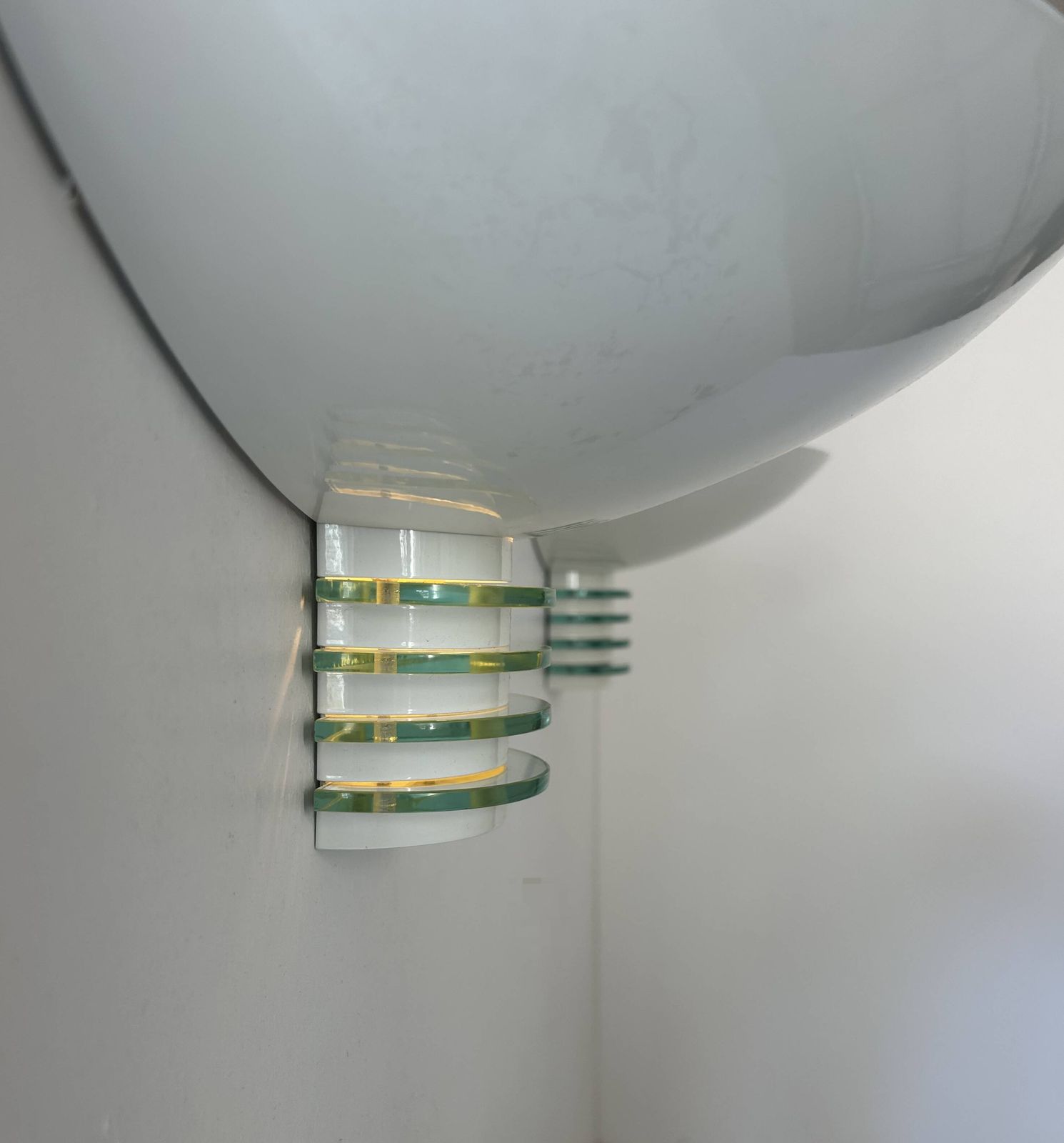Pair Of Post Modernist Wall Lights, White Metal And Glass, France 1980 photo vinterior