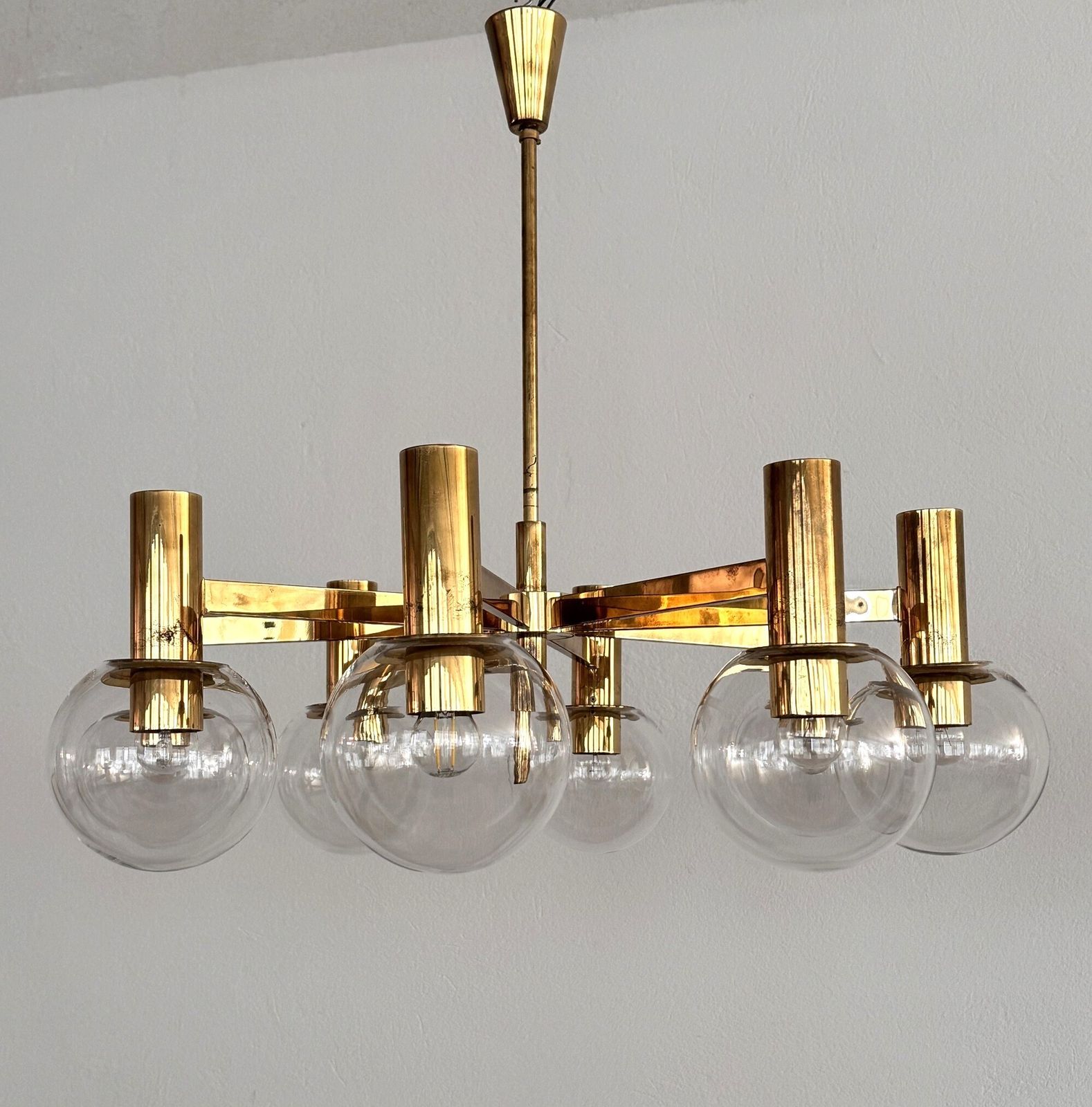 Hans Agne Jakobsson Midcentury Brass And Eight Light Glass Globes Chandelier photo vinterior