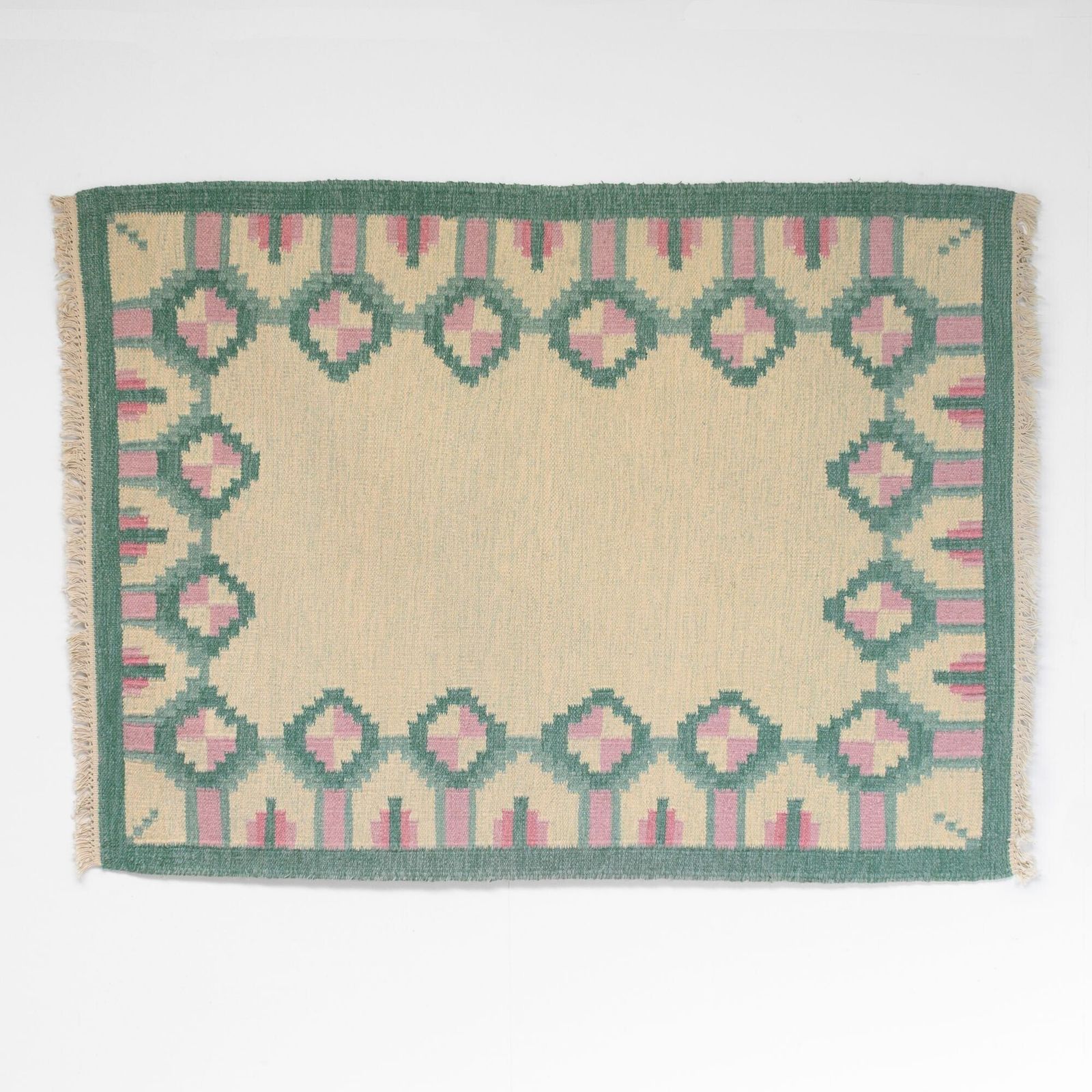 Mid Century Swedish Kilim In Tones Of Green And Pink