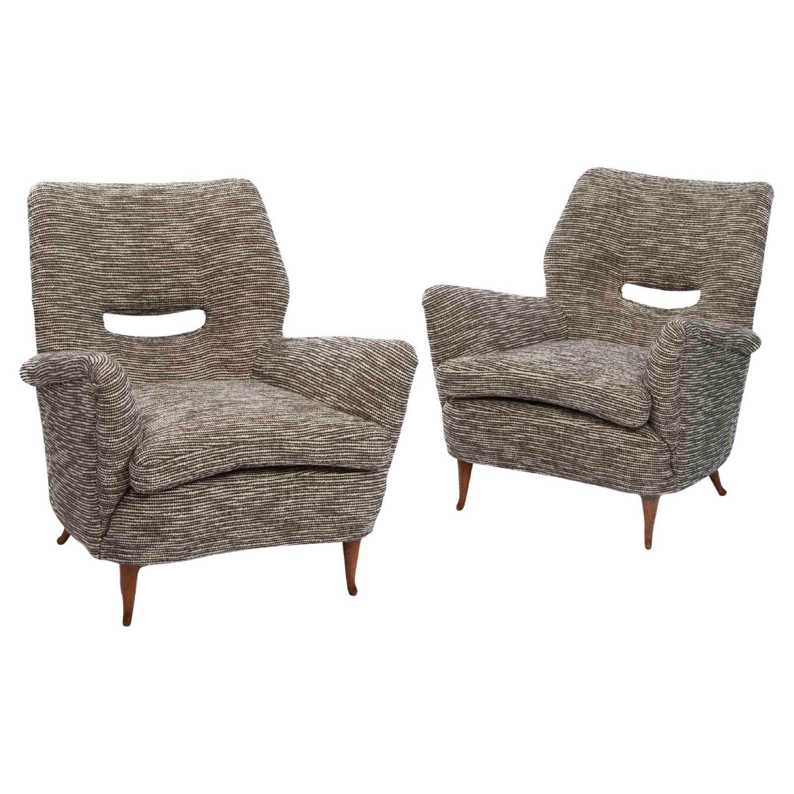 Pair Of Mid Century Italian Curved Armchairs Brown Offhwite Bouclé Fabric 1950s