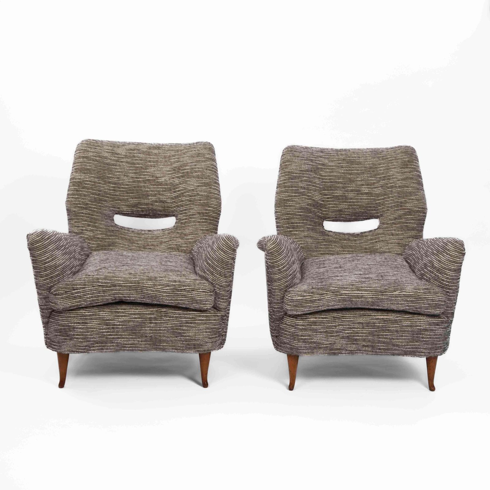 Pair Of Mid Century Italian Curved Armchairs Brown Offhwite Bouclé Fabric 1950s photo furniture