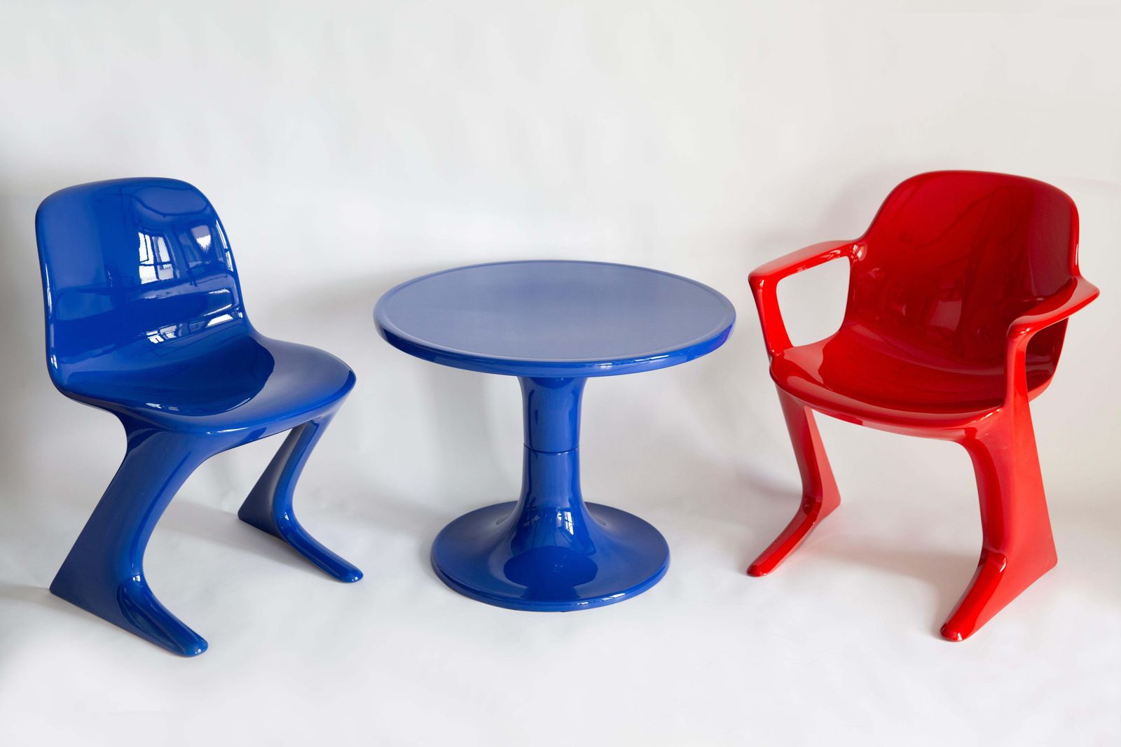 Set Of Two Mid Century Blue And Red Kangaroo Chairs, Ernst Moeckl, Germany, 1968 photo for sale