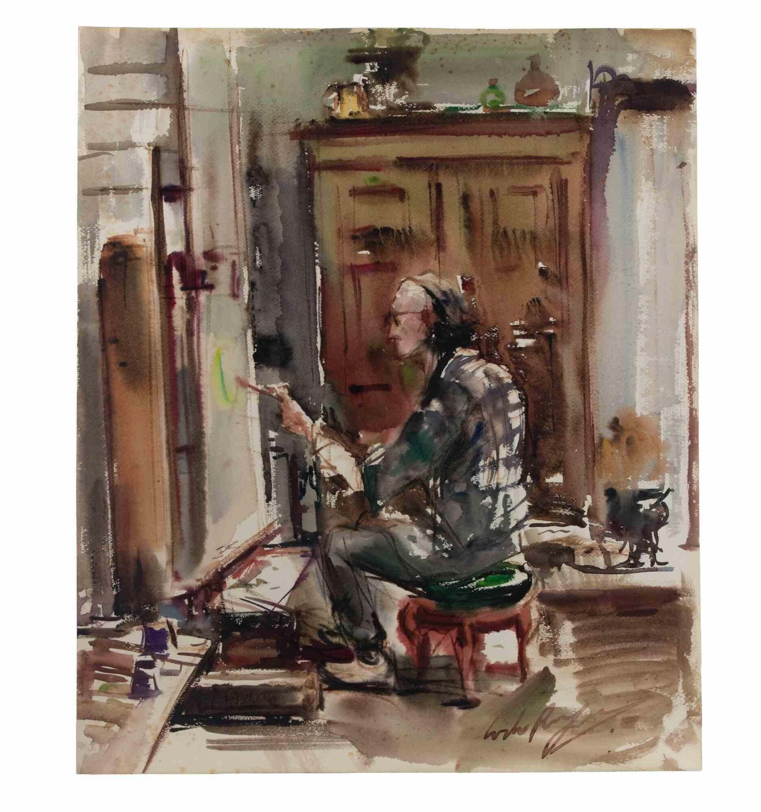Carlo Ravagnanthe Painter Bruno Amadio In His Studio   Drawing By Carlo Ravagnan   19611961