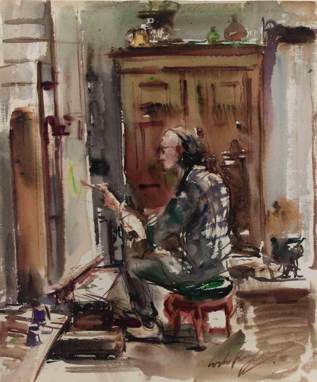 Carlo Ravagnanthe Painter Bruno Amadio In His Studio   Drawing By Carlo Ravagnan   19611961 photo furniture