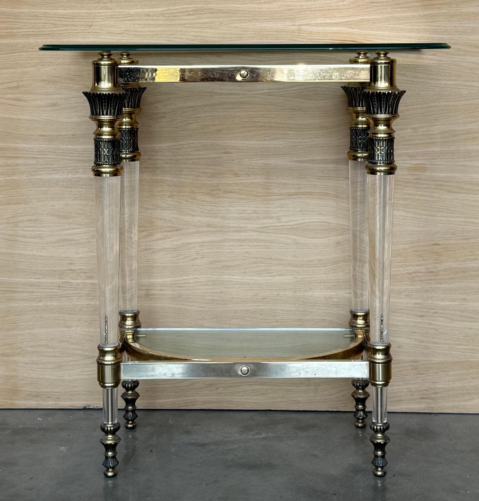 Claude Dalle Style Narrow Console Table With Glass Top, Lucite And Bronze photo for sale
