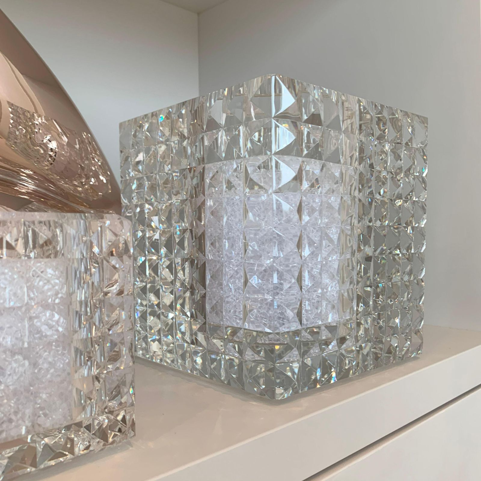 photo furniture Pair Of Veritas Contemporary Faceted Optical Glass Square Vases, Texas, 2016