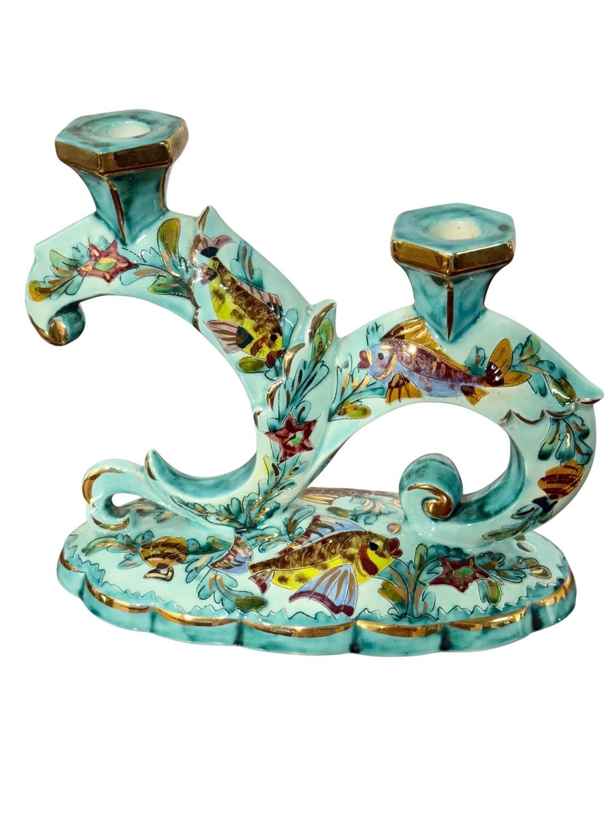 Rare Signed Monaco Majolica Double Candlesticks With Marine Décor photo Home Decor