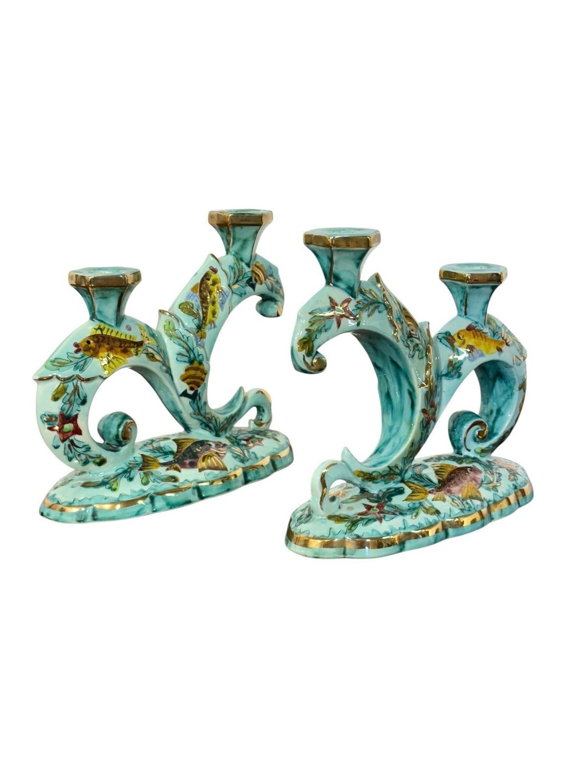 Rare Signed Monaco Majolica Double Candlesticks With Marine Décor photo vinterior