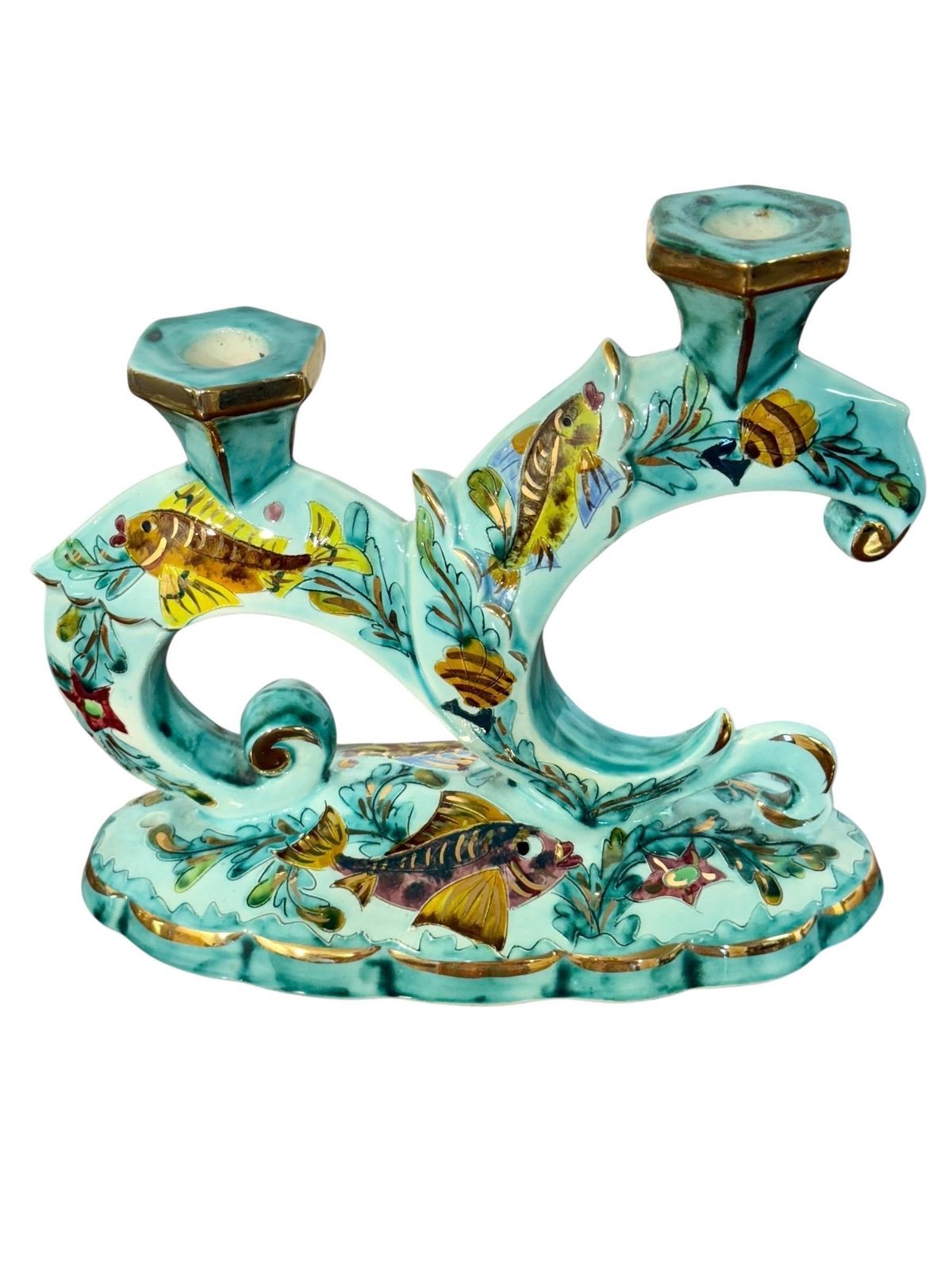 Rare Signed Monaco Majolica Double Candlesticks With Marine Décor photo vintage