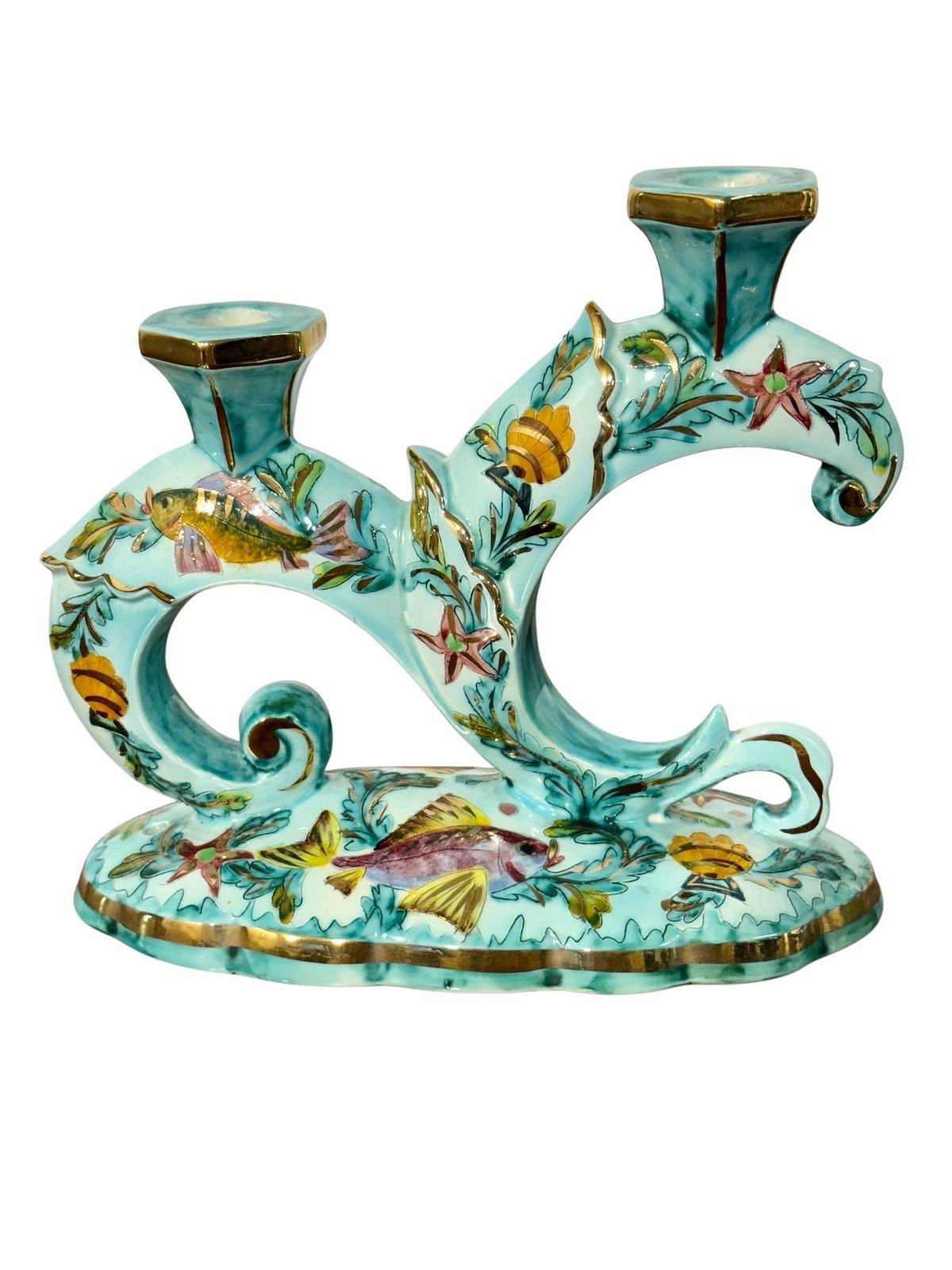 Home Decor Rare Signed Monaco Majolica Double Candlesticks With Marine Décor photo