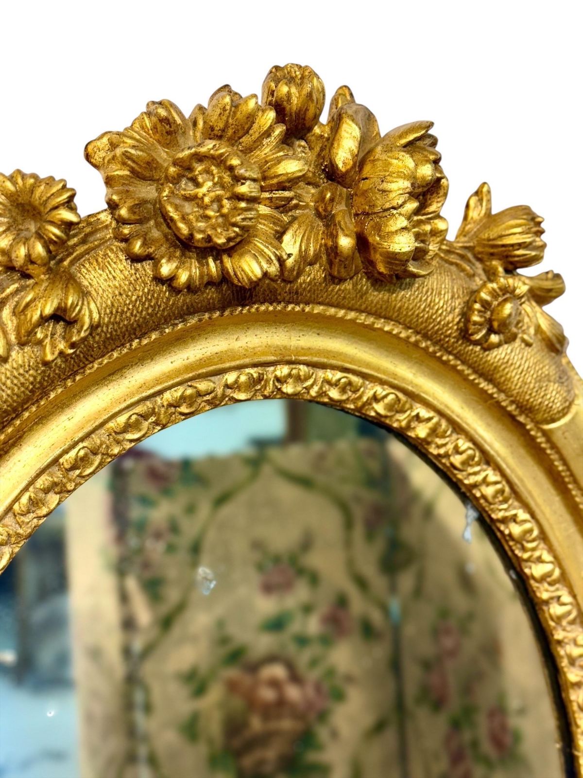 Antique Louis XVI Giltwood Oval Mirror With Floral Carving photo vintage