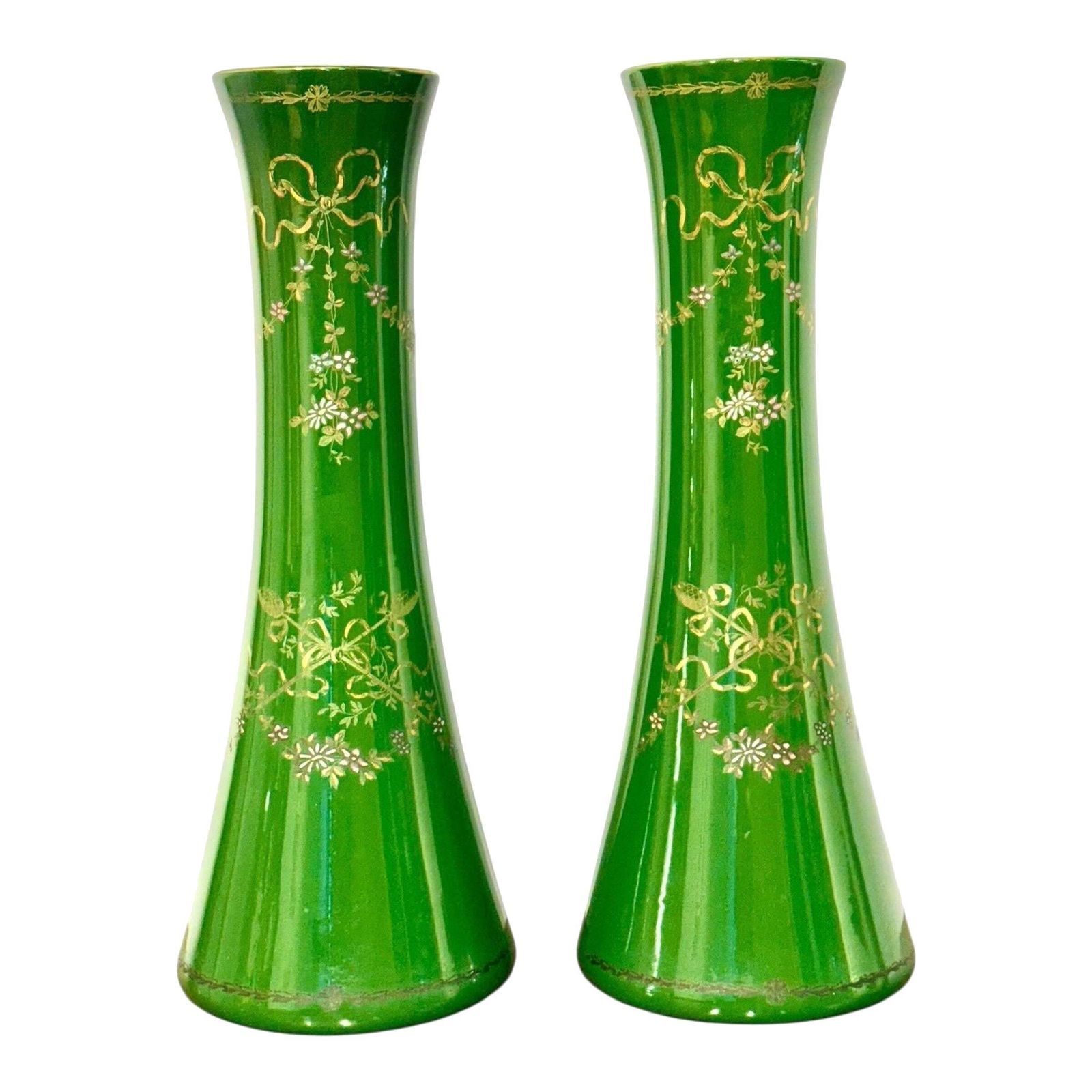 Rare Impressive Pair Of Green Faience Vases By Longchamp, France, 1876