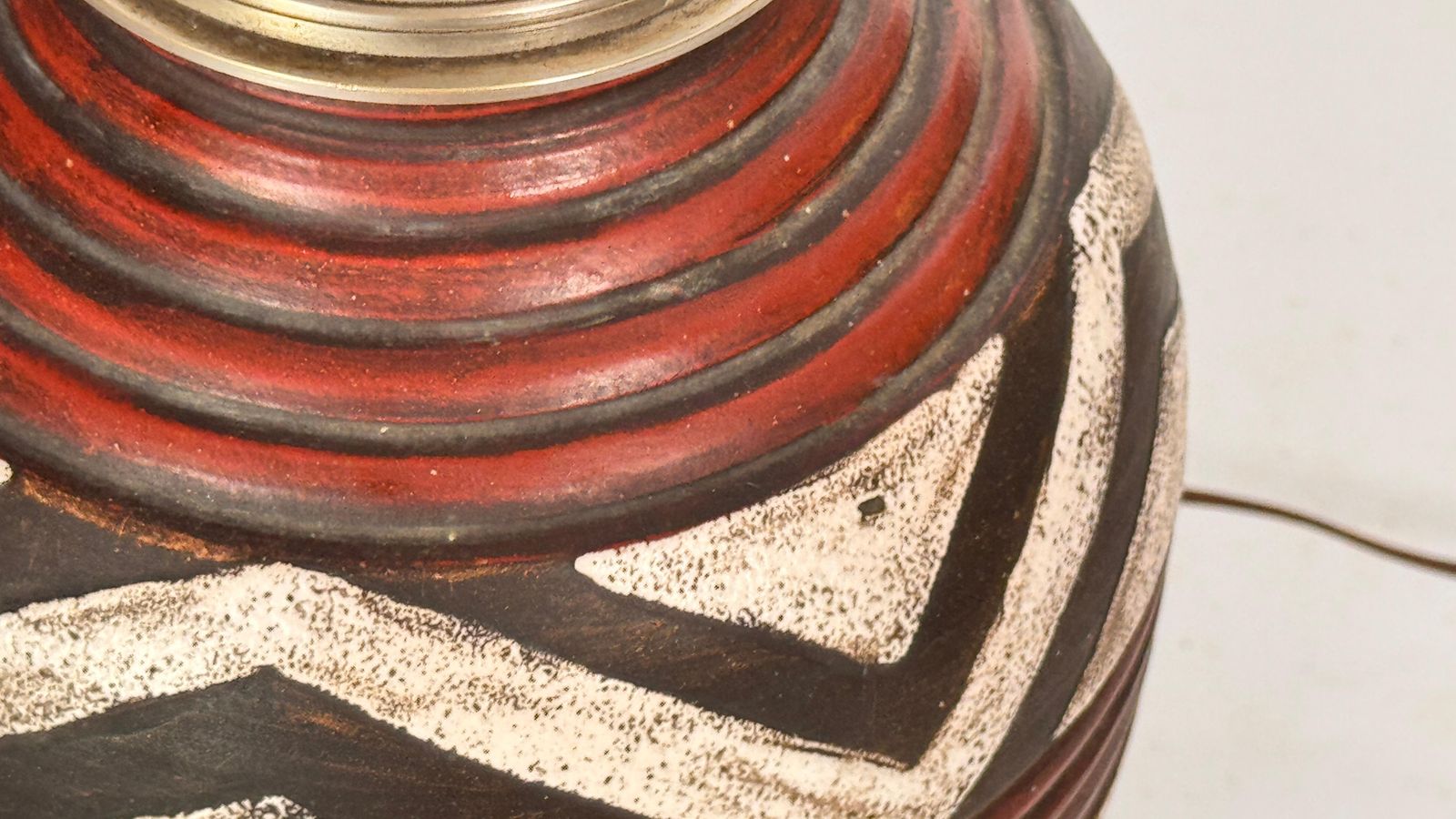 photo for sale 1930s French Art Deco Lamp In Crackled Ceramic And Brass  Geometric Red Motifs