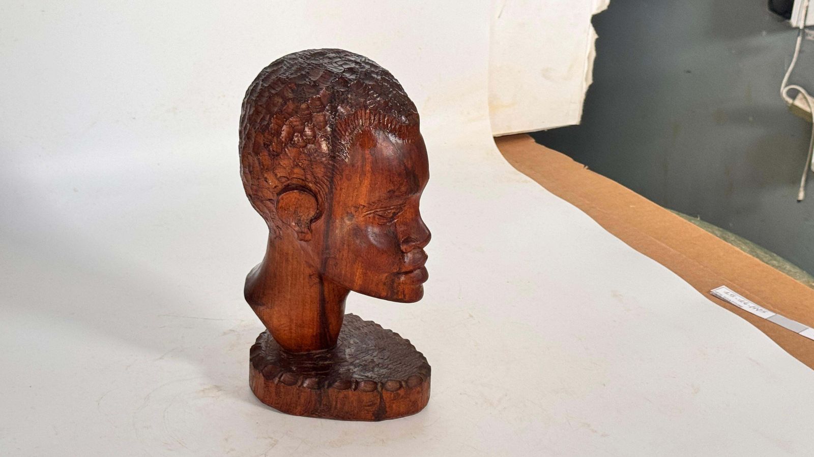 Hand Carved African Head Sculpture In Patinated Wood – Mid Century Decoration photo for sale