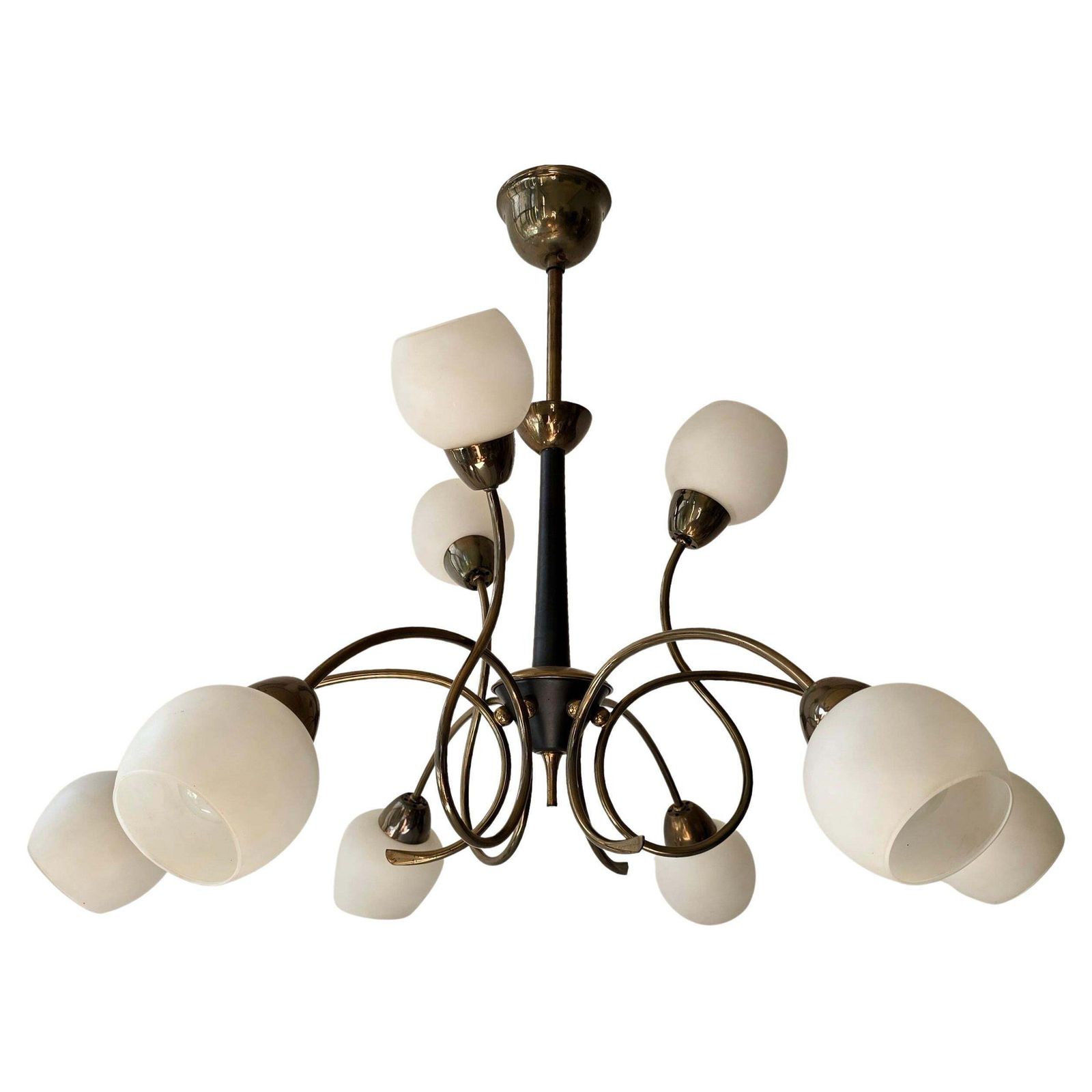 Talian 1950s Stilnovo Style Brass And Opaline Glass Nine Light Chandelier photo furniture