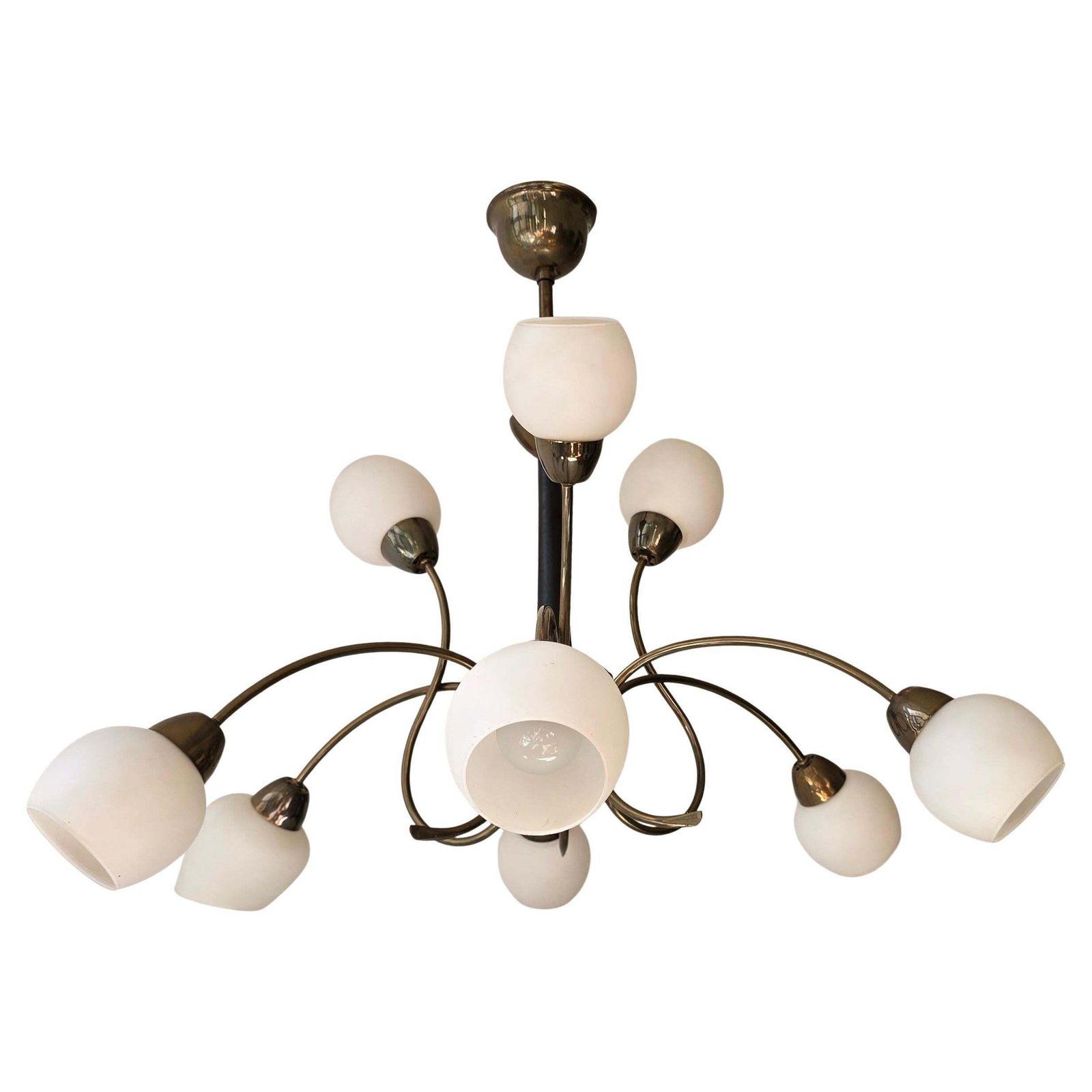 Talian 1950s Stilnovo Style Brass And Opaline Glass Nine Light Chandelier photo for sale