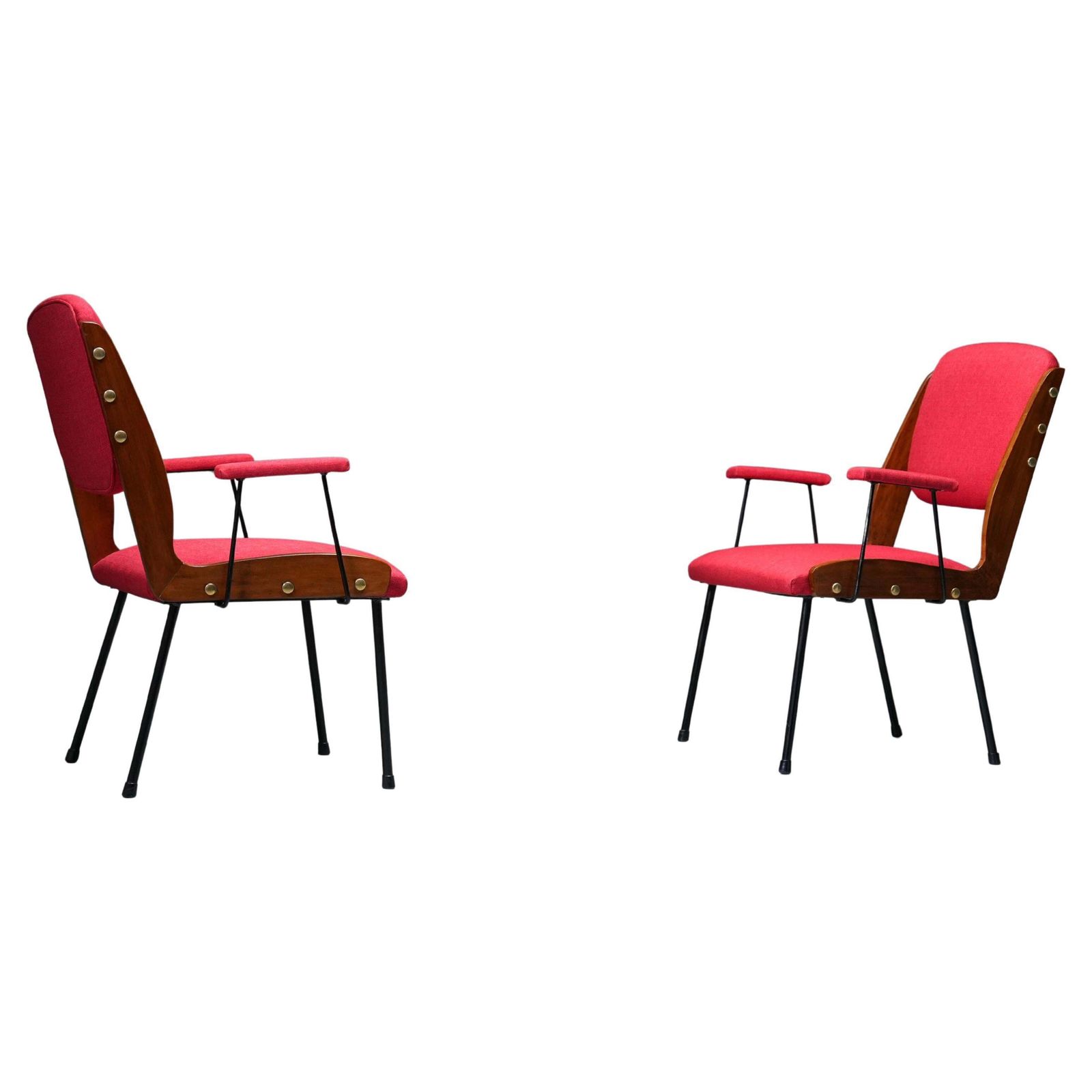 Set Of Two Red Armchairs In Brass And Wood, Italy, 1960's