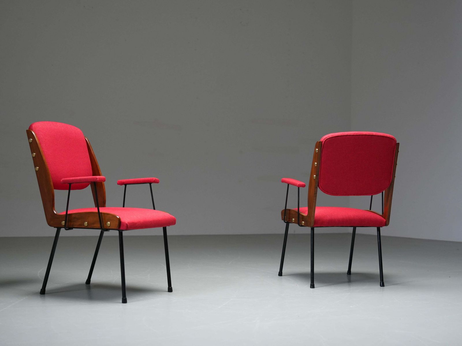 Set Of Two Red Armchairs In Brass And Wood, Italy, 1960's photo Furniture