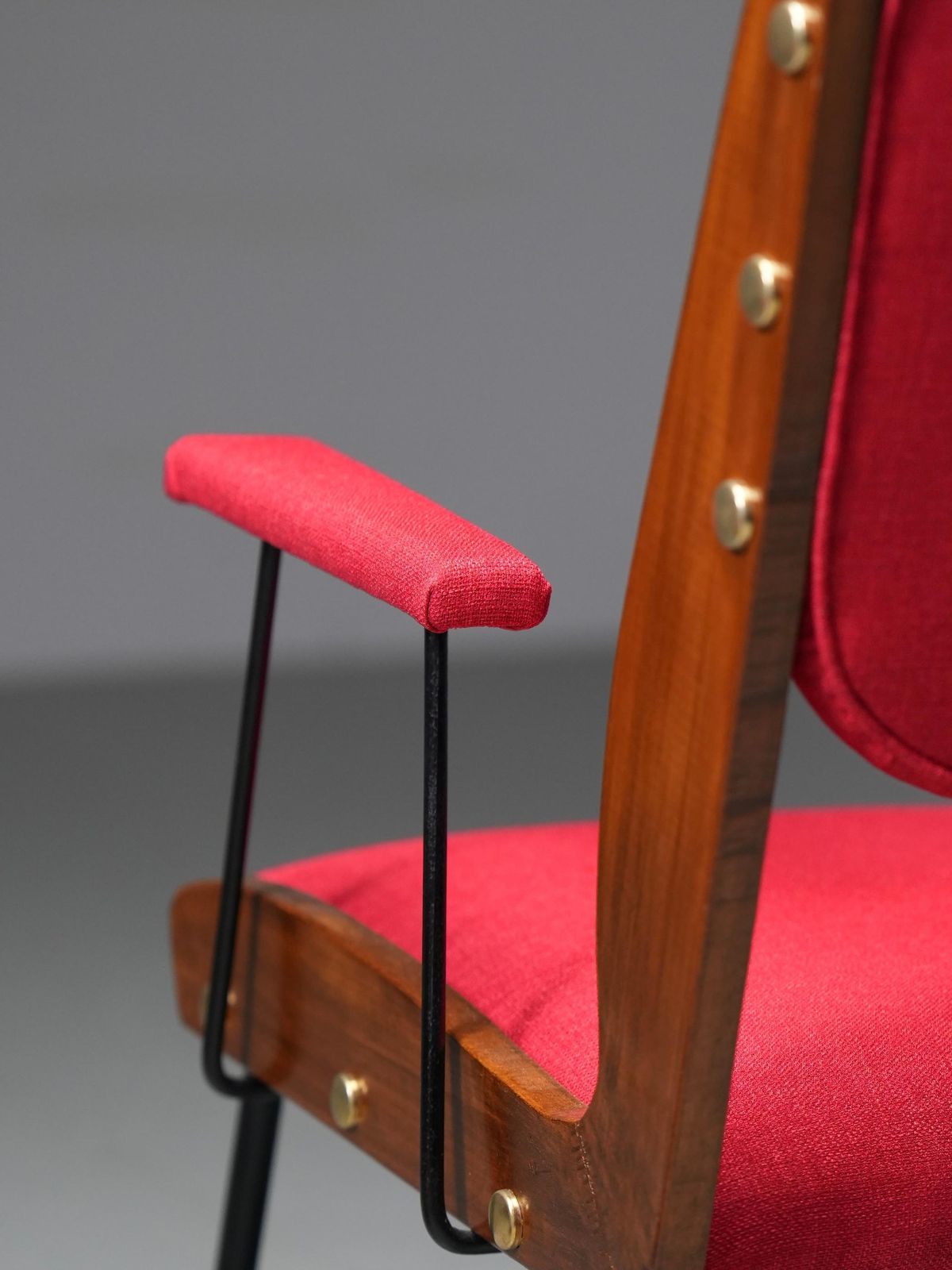 Set Of Two Red Armchairs In Brass And Wood, Italy, 1960's photo vinterior