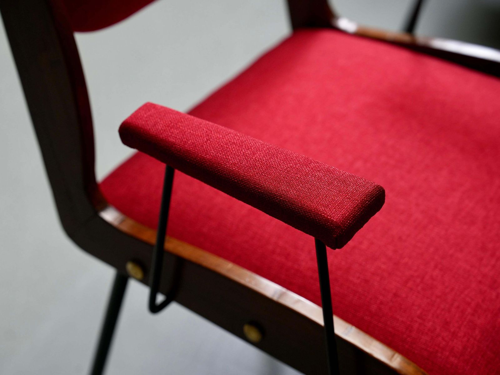Set Of Two Red Armchairs In Brass And Wood, Italy, 1960's photo buy