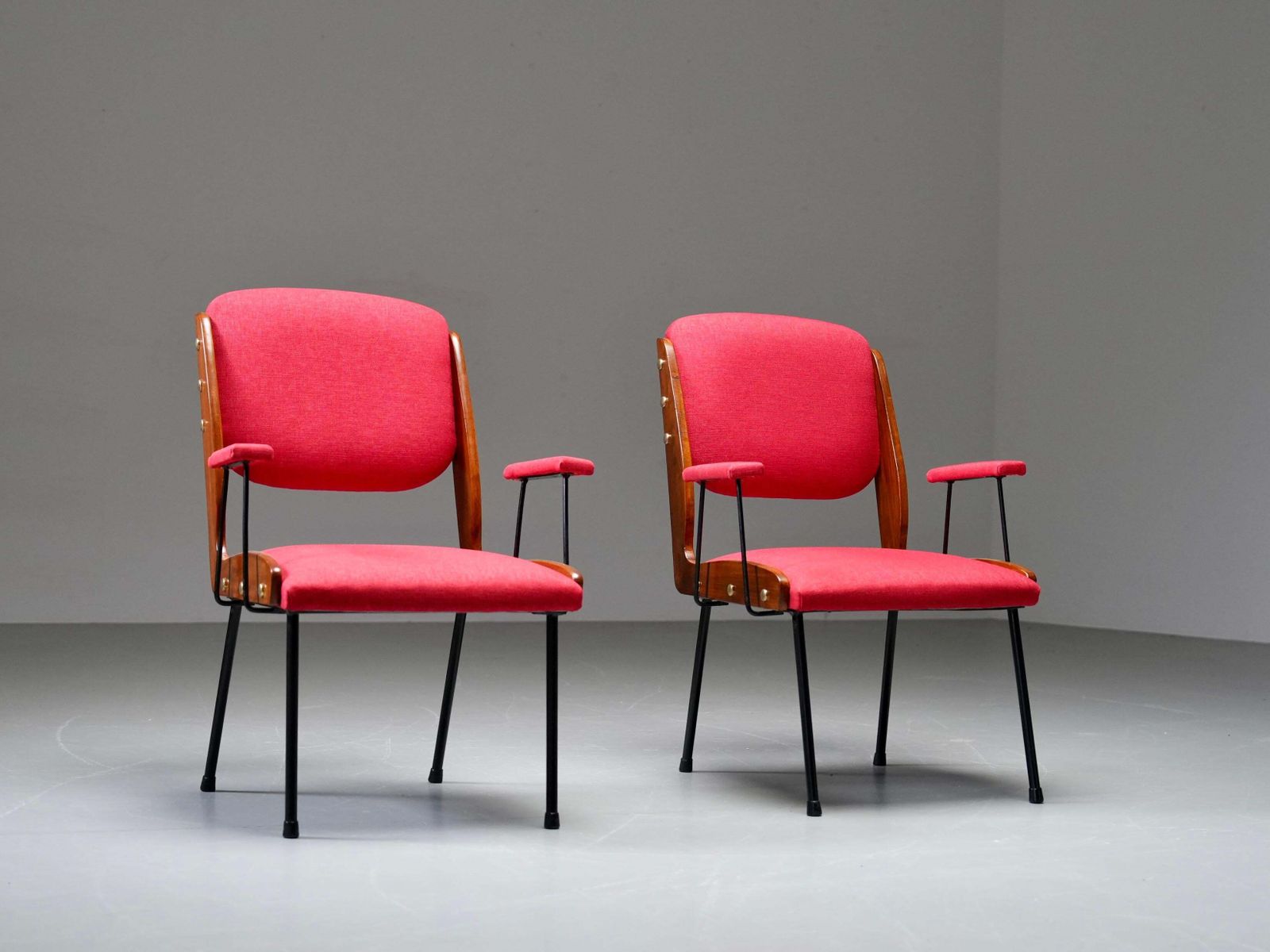 Set Of Two Red Armchairs In Brass And Wood, Italy, 1960's photo vintage
