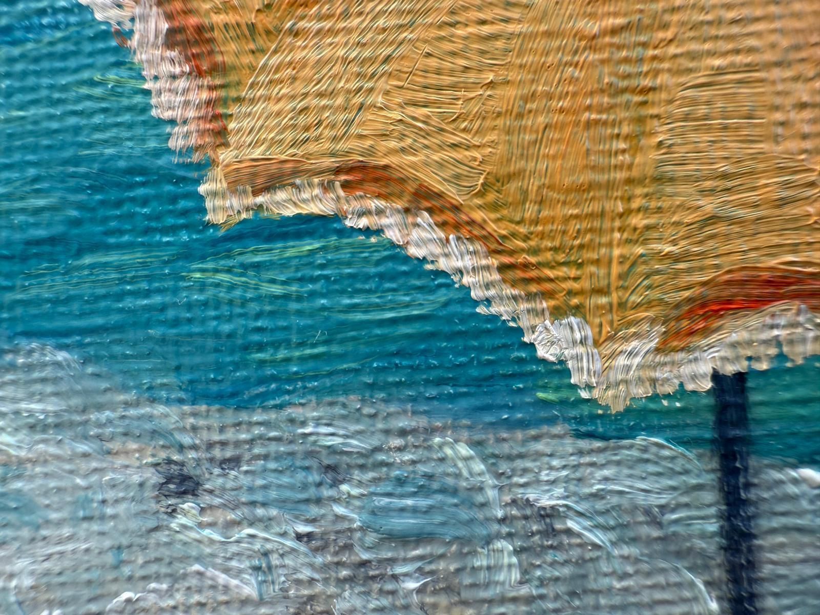 Bernadette Van Baarsen Turquoise And Yellow Provençal Beach Scene. Oil On Canvas. The Yellow Parasol.2025 photo for sale