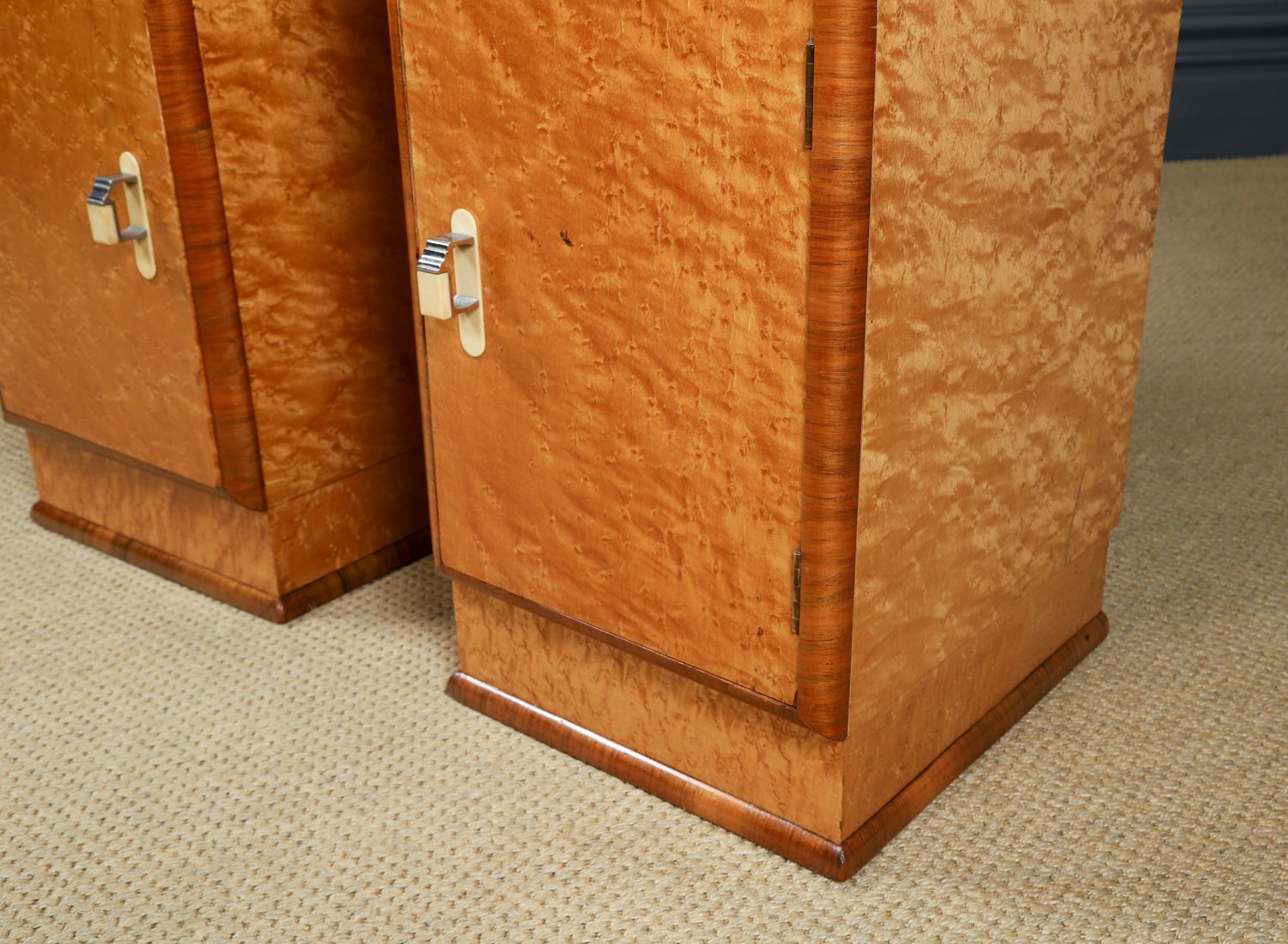 English Pair Of Art Deco Birds Eye Maple & Walnut Bedsides Cupboards Chests Cabinets Tables Nightstands (Circa 1930) photo buy
