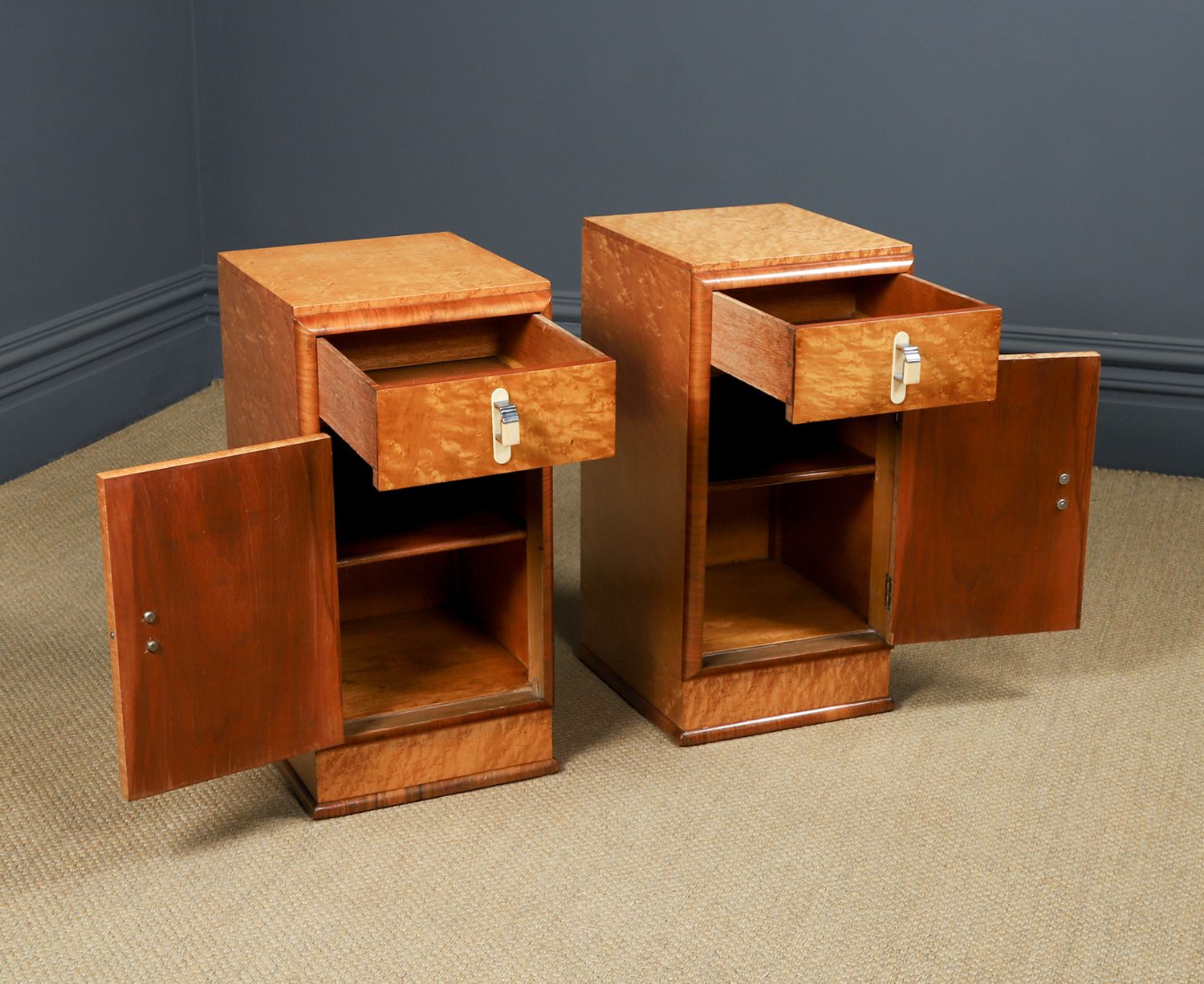 photo for sale English Pair Of Art Deco Birds Eye Maple & Walnut Bedsides Cupboards Chests Cabinets Tables Nightstands (Circa 1930)