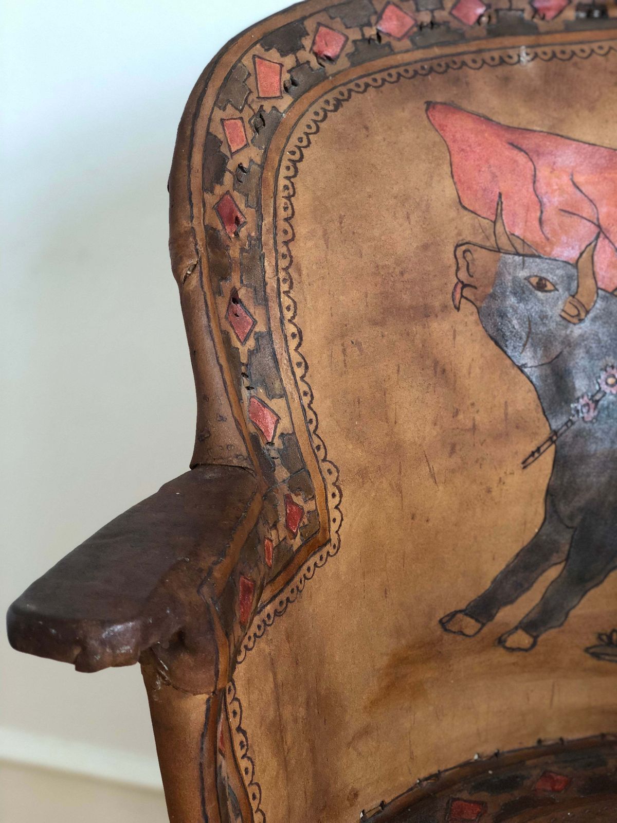 Mexican Equipale Folk Art Chair With Hand Painted Bullfight Scene 1930s photo for sale