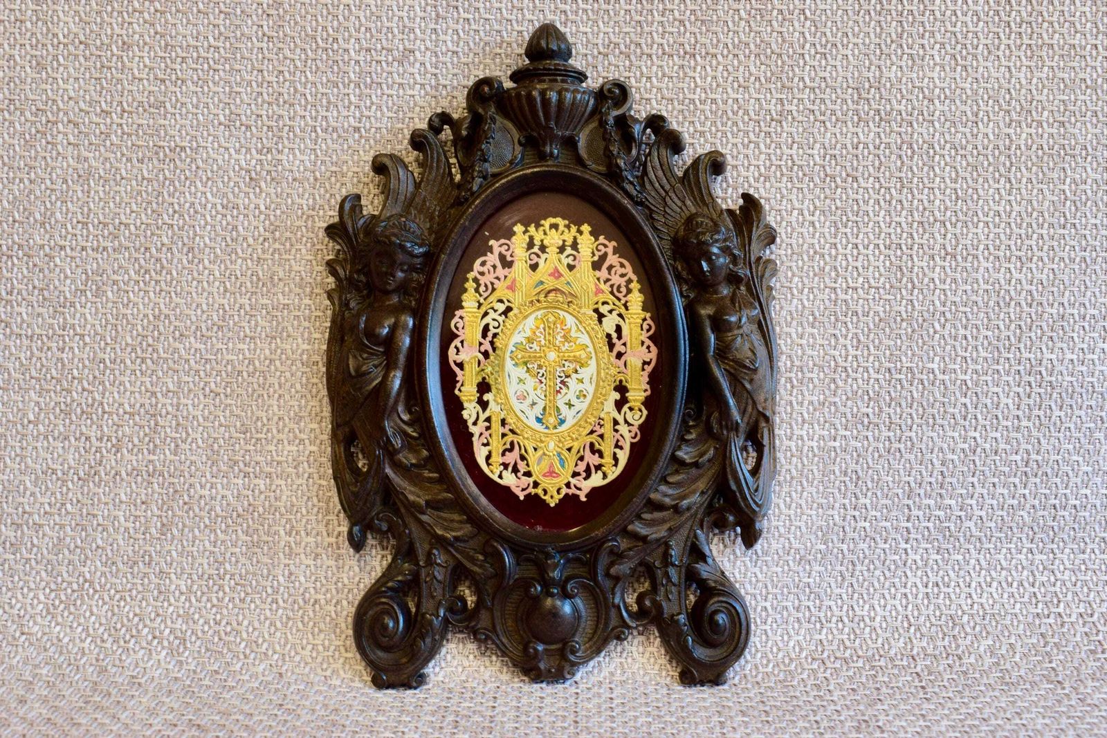 Victorian French Antique Black Photo Frame With Lace Canivet Holy Card Vulcanite Wall Frame