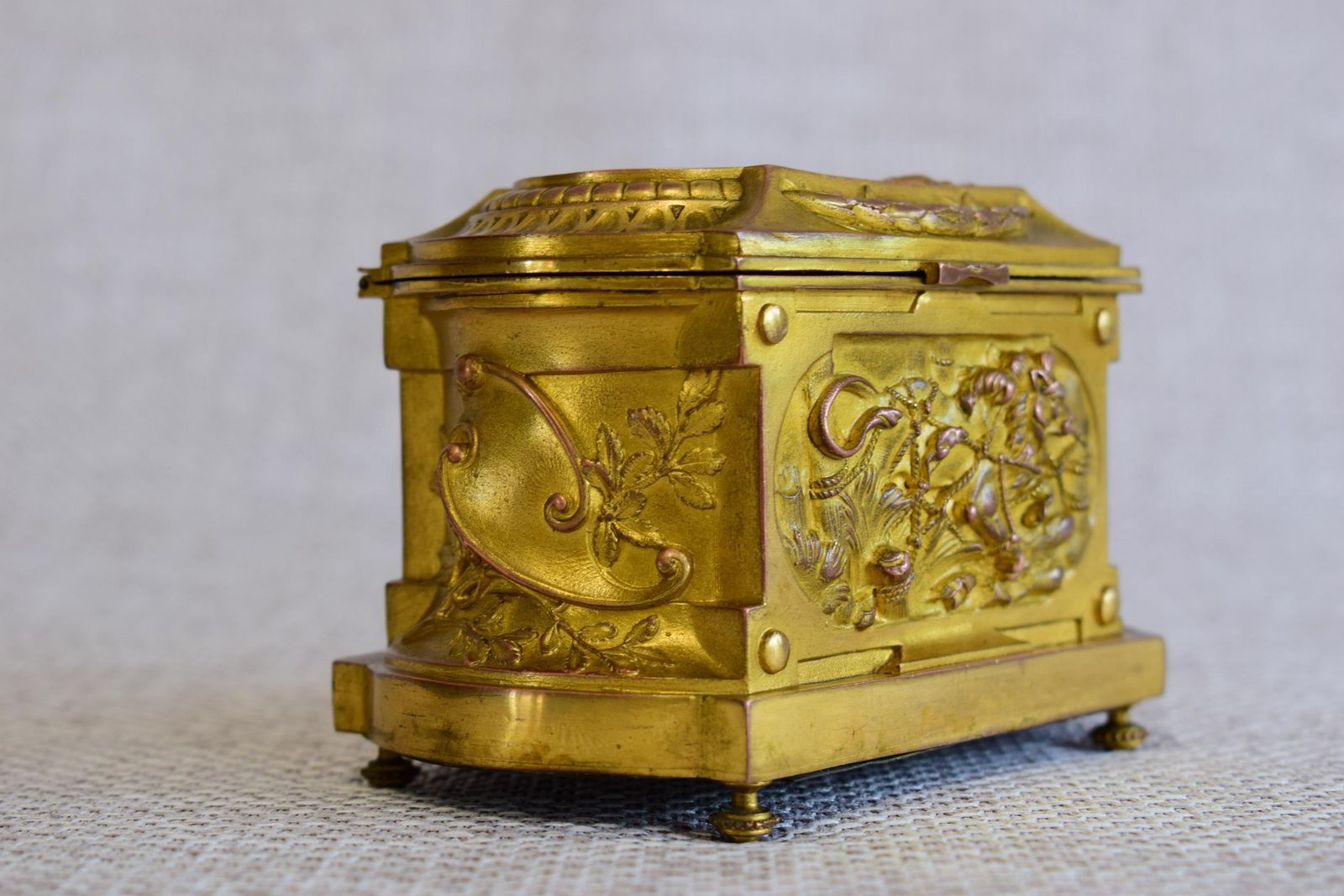 Rare Antique French Jewelry Casket The Fables Of Lafontaine, The Fox And The Crow Box, The Lion And The Rat photo Home Decor