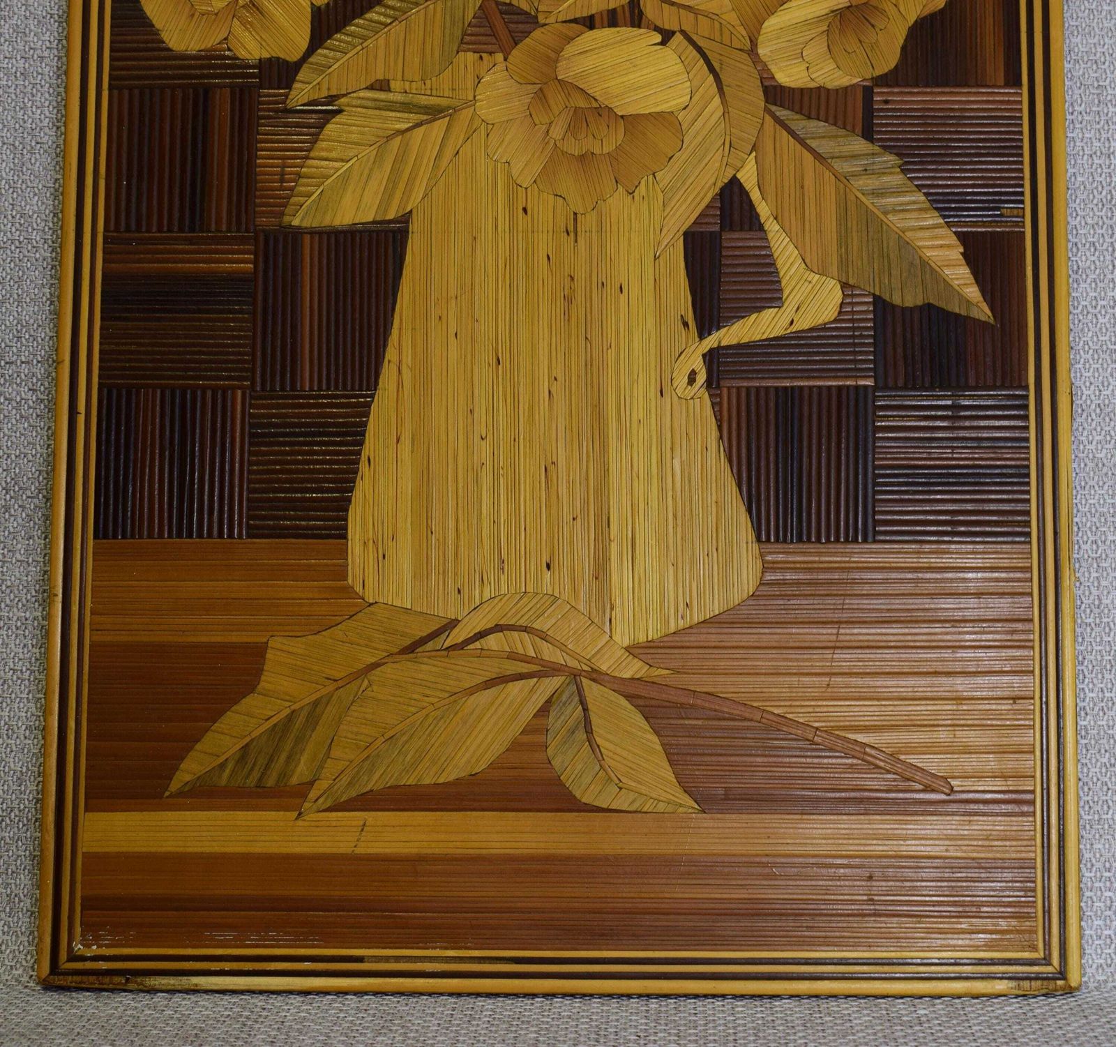 Art Deco Straw Marquetry Wall Panel, Still Life Bunch Of Flowers Wall Art, Straw Inlaid Work photo Art
