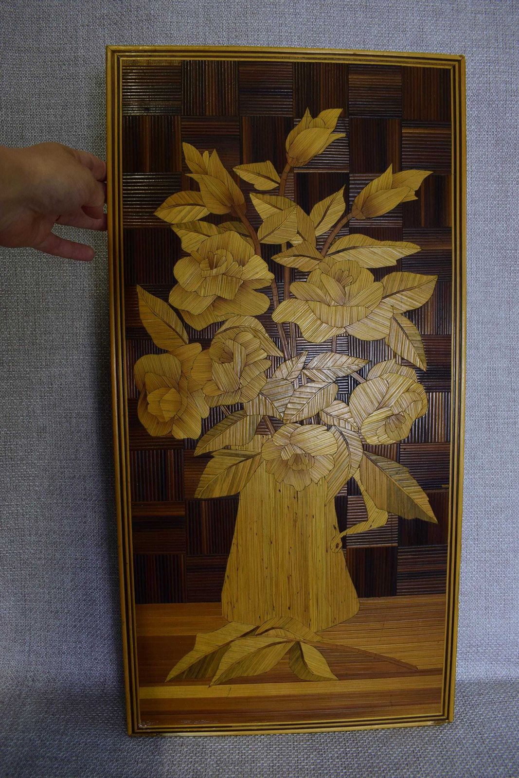 photo furniture Art Deco Straw Marquetry Wall Panel, Still Life Bunch Of Flowers Wall Art, Straw Inlaid Work