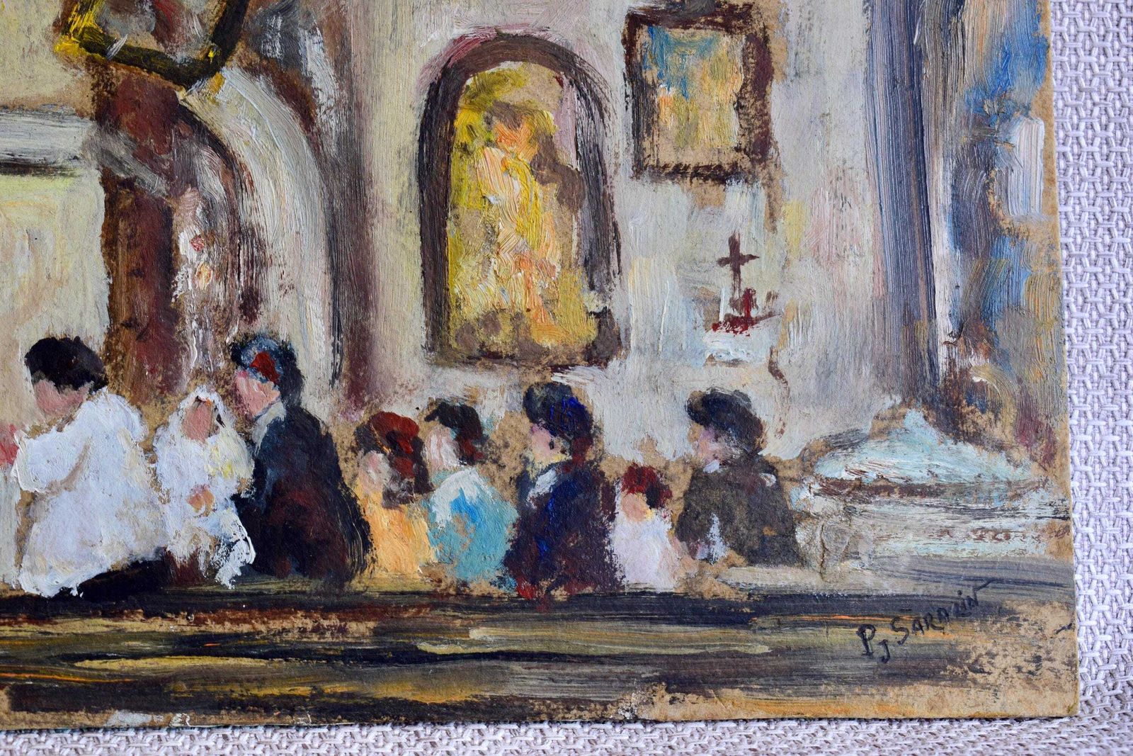 Impressionist Oil Painting On Panel Signed, French Vintage Church Interior Painting Original Art photo Art