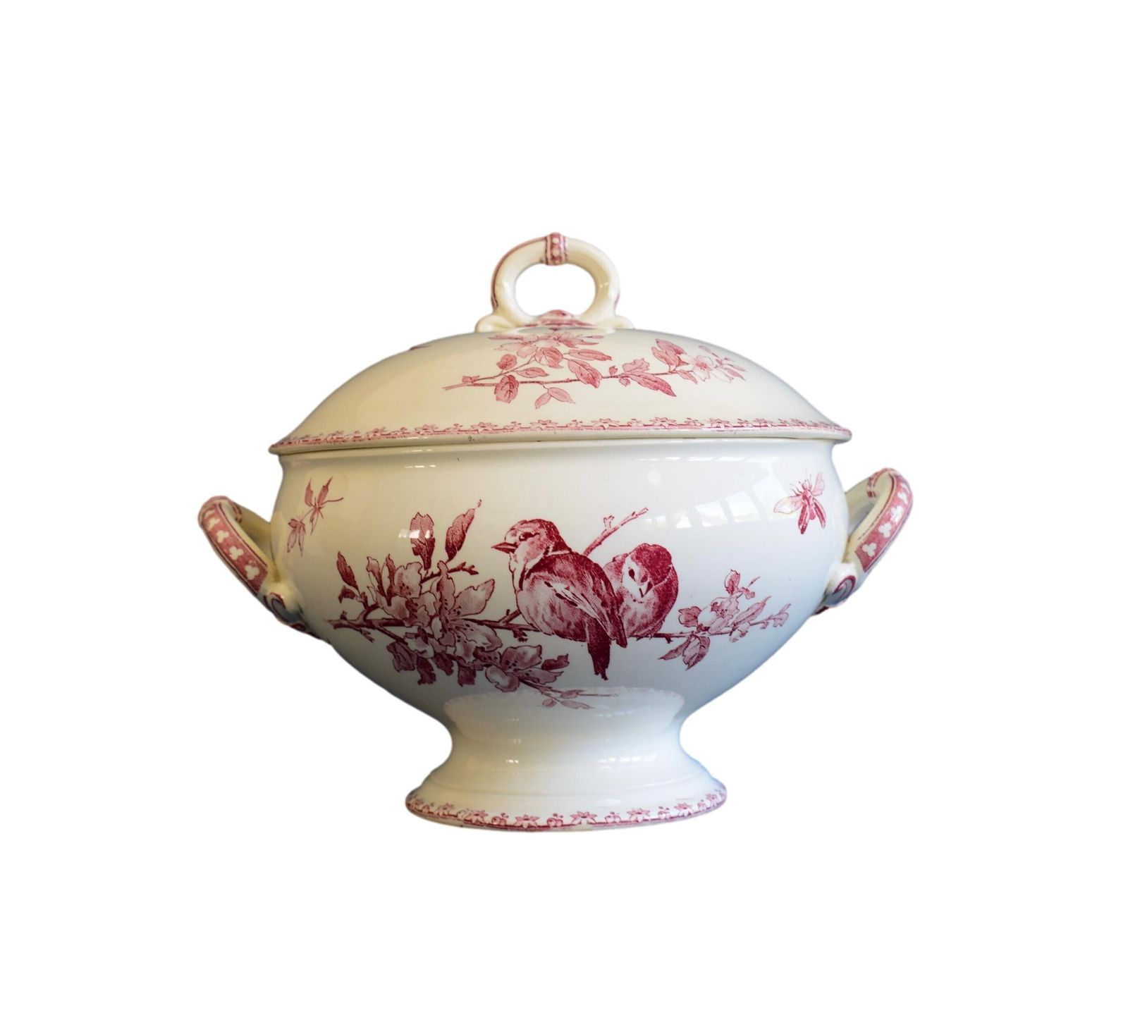 Sarreguemines Red Favori Soup Tureen, Antique French Birds Ironstone