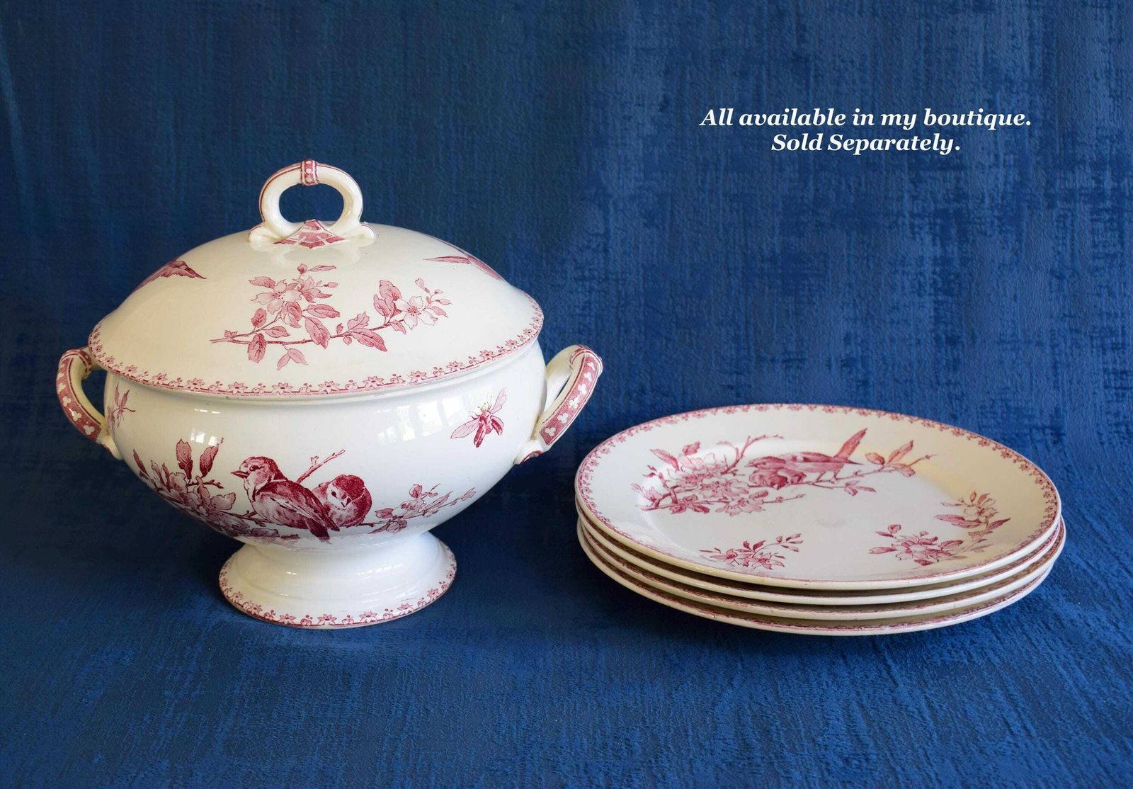 photo for sale Sarreguemines Red Favori Soup Tureen, Antique French Birds Ironstone