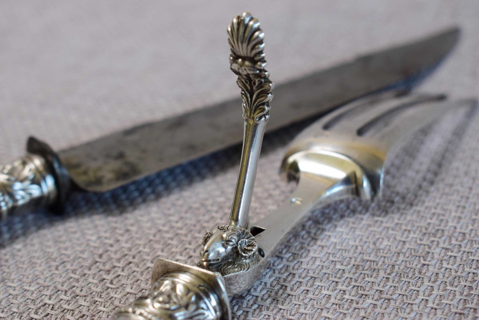 Rare 2pc Silver Carving Set By Gillot, Roast Knife And Fork, 1830's Billy Goat Silverware, French Antique Turkey Knife photo furniture
