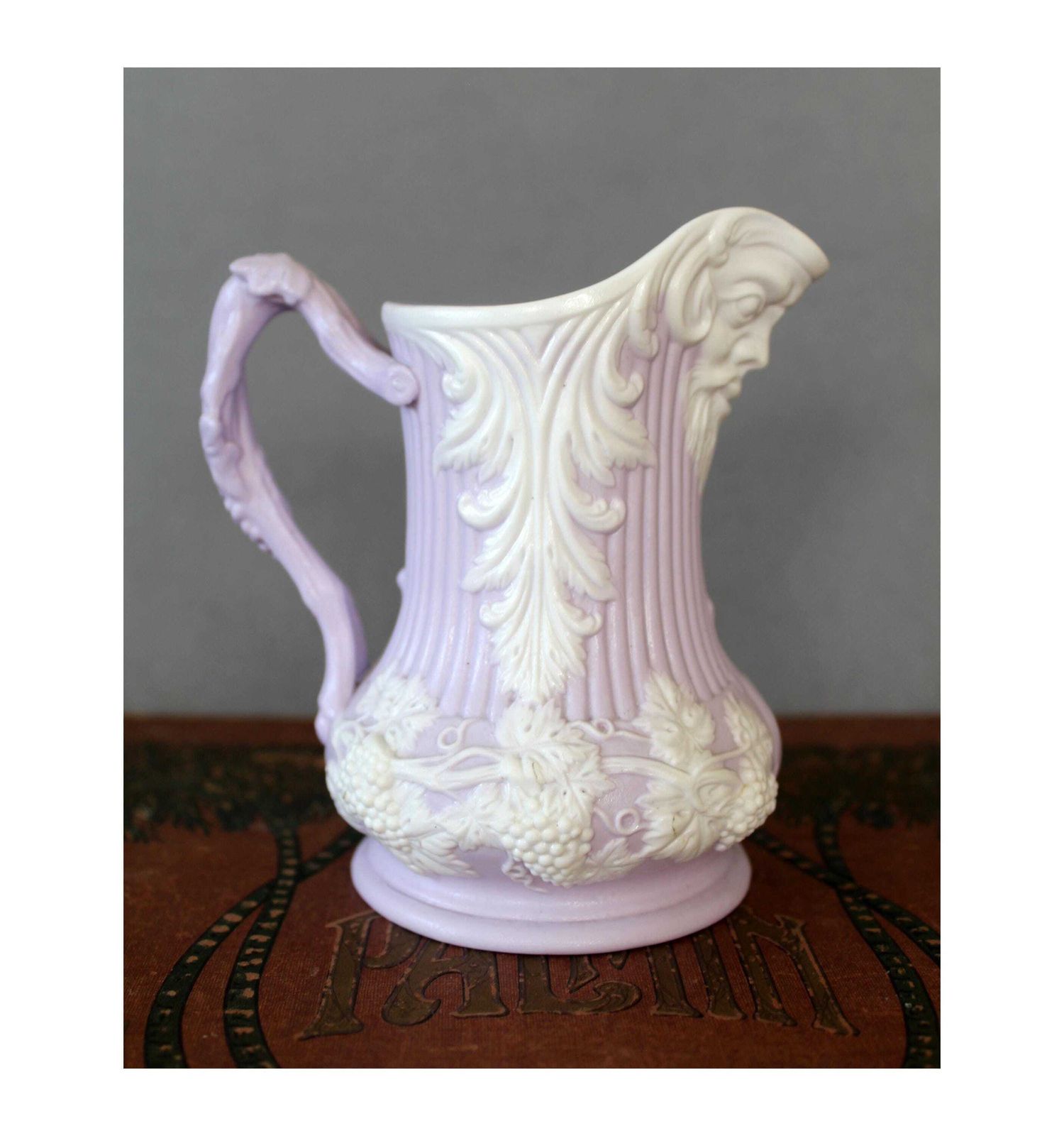 Antique Samuel Alcock Parian Ware Lavender Pitcher, Bacchus Mask And Grape Vines Relief Moulded Creamer Jug, Circa 1847, England Royal Arms