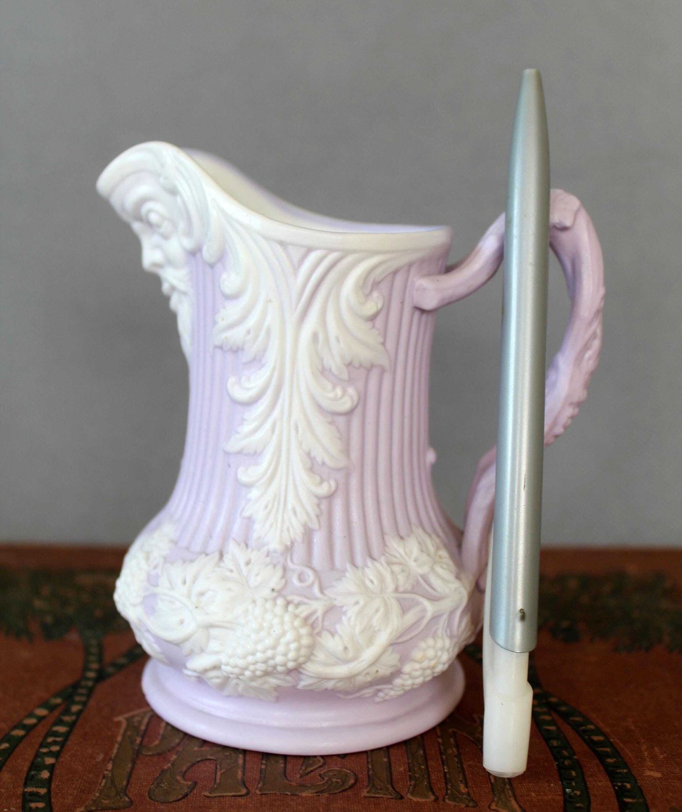 Antique Samuel Alcock Parian Ware Lavender Pitcher, Bacchus Mask And Grape Vines Relief Moulded Creamer Jug, Circa 1847, England Royal Arms photo Home Decor