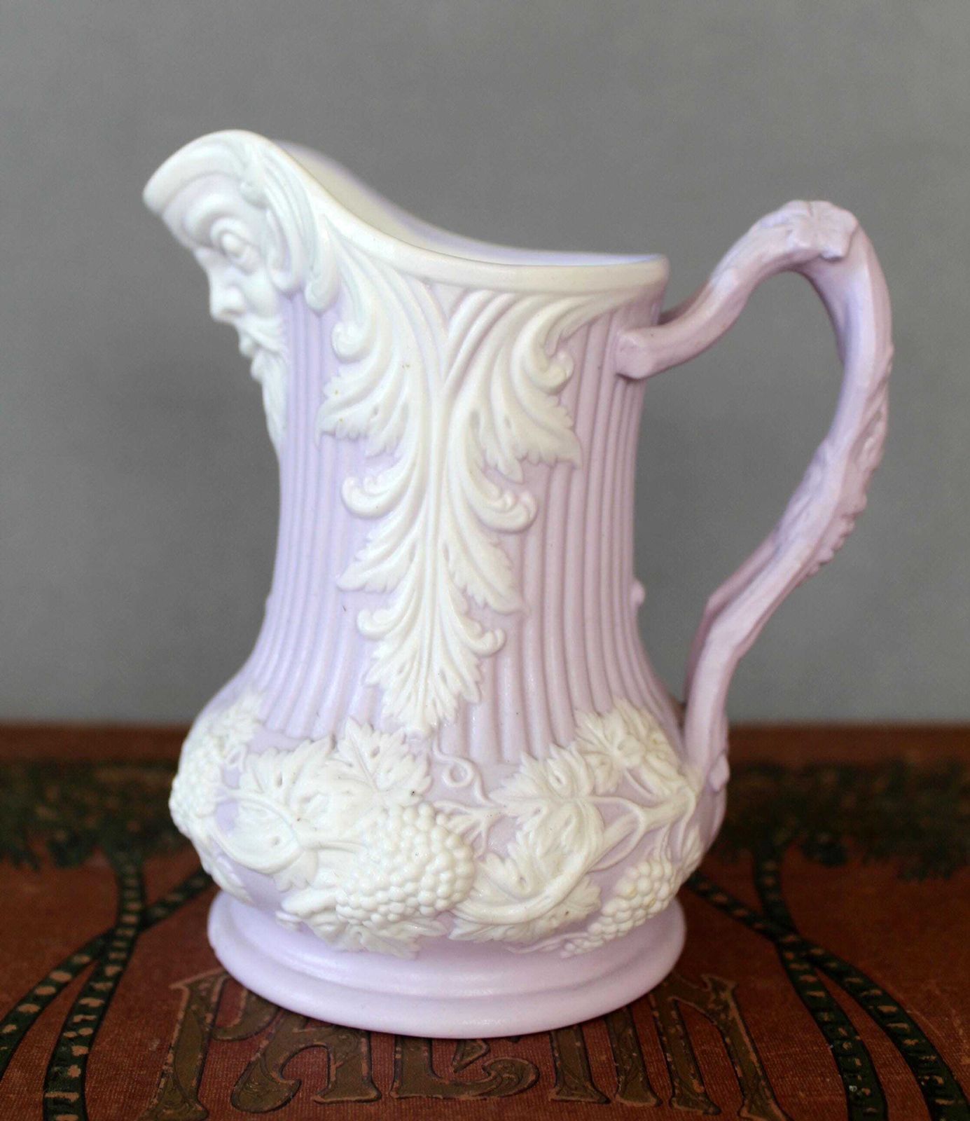 photo for sale Antique Samuel Alcock Parian Ware Lavender Pitcher, Bacchus Mask And Grape Vines Relief Moulded Creamer Jug, Circa 1847, England Royal Arms