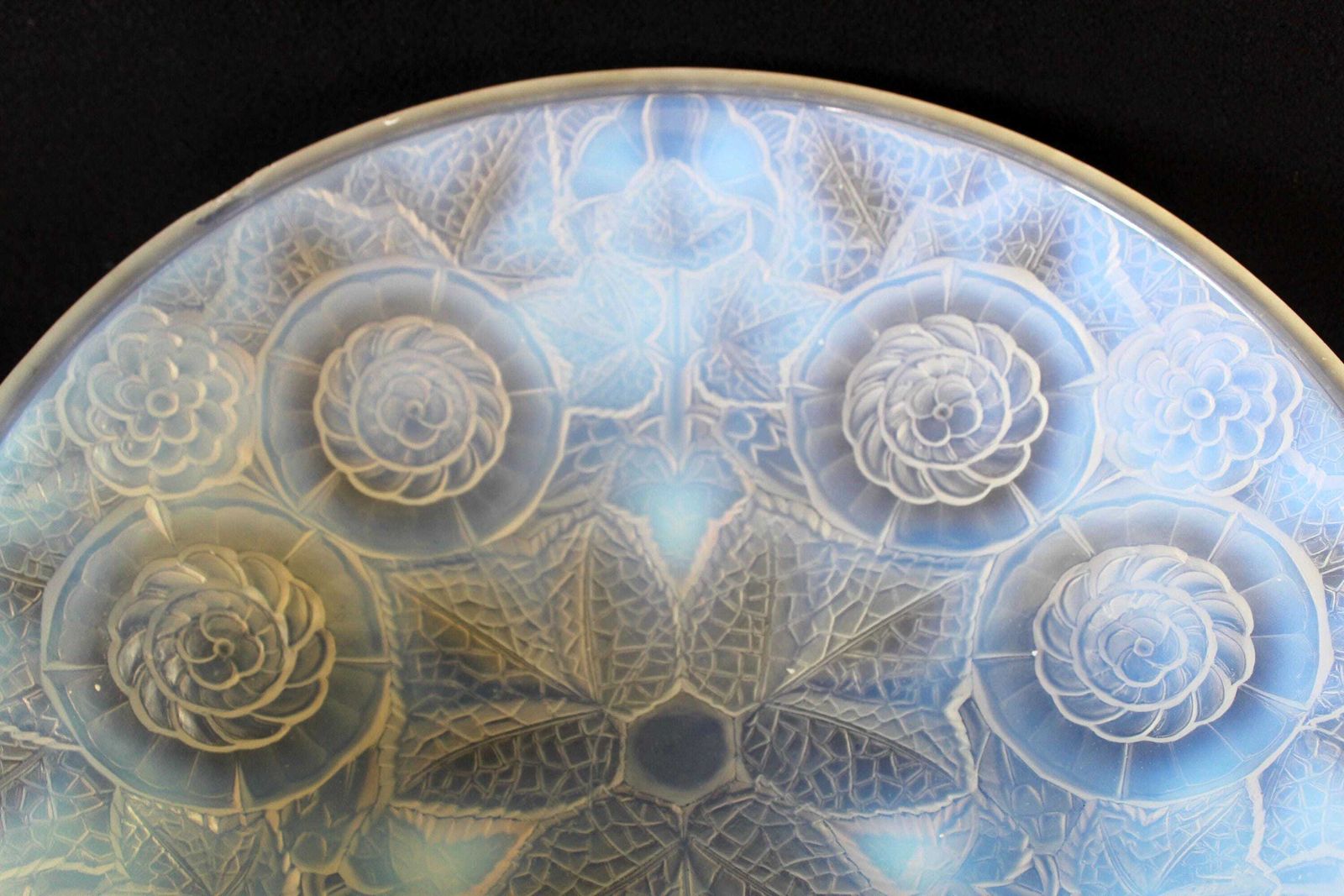 Large Round French Art Deco Opalescent Glass Globe Or Platter, Bowl, Ceiling Light Replacement Globe Or Charger, Art Glass Moulded photo furniture