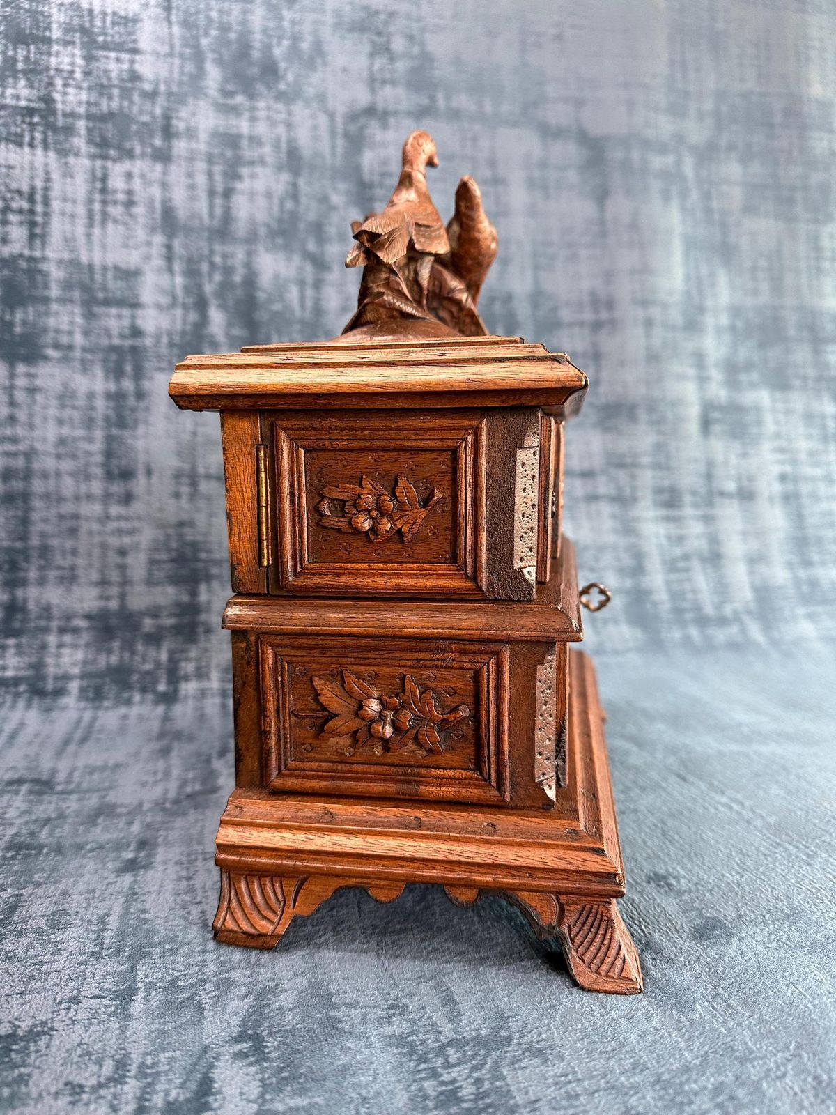 Antique Black Forest Jewelry Casket, Carved Wood Birds Pheasant Box Cabinet, Gift For Her photo vintage