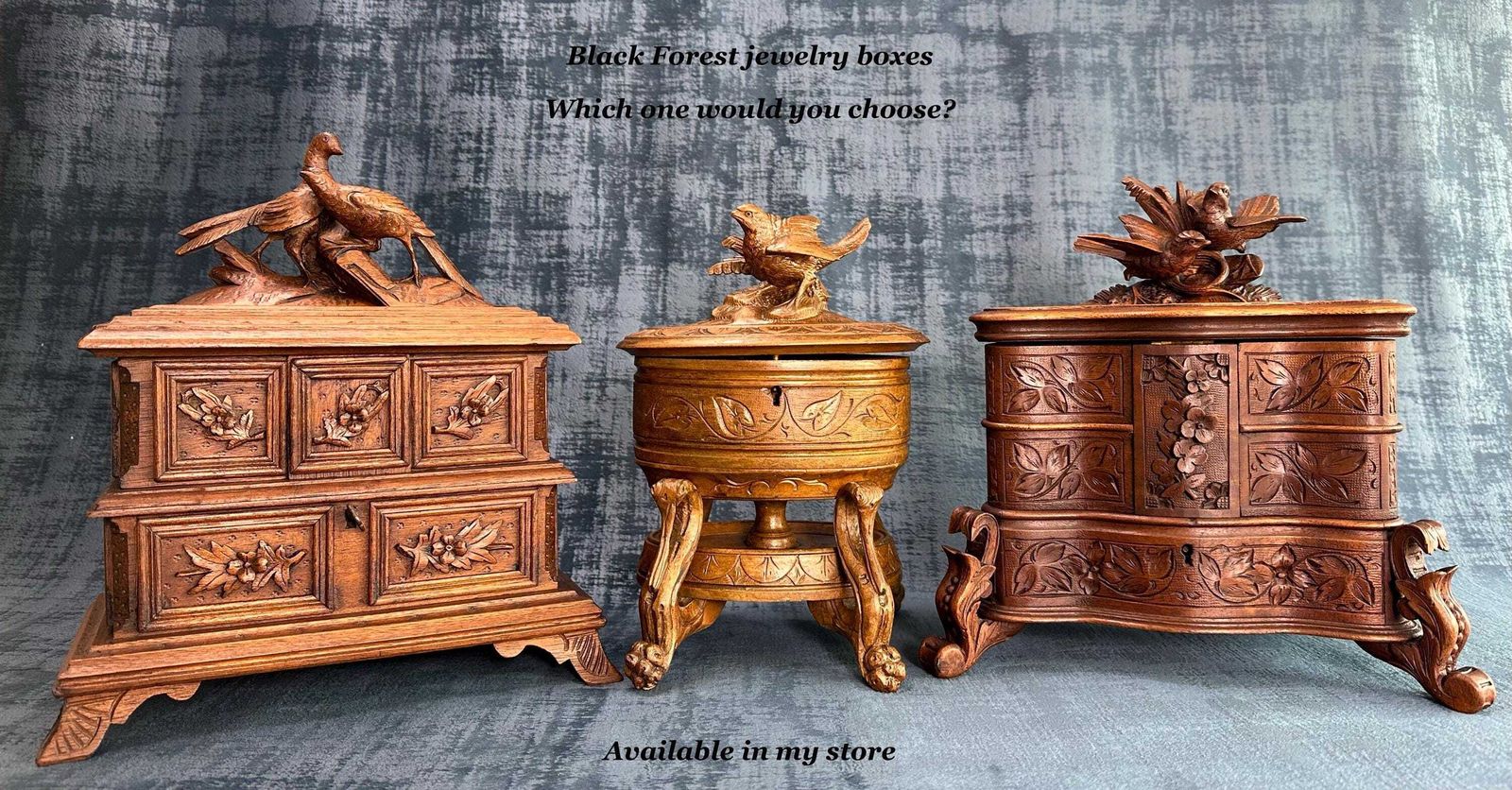 photo for sale Antique Black Forest Jewelry Casket, Carved Wood Birds Pheasant Box Cabinet, Gift For Her