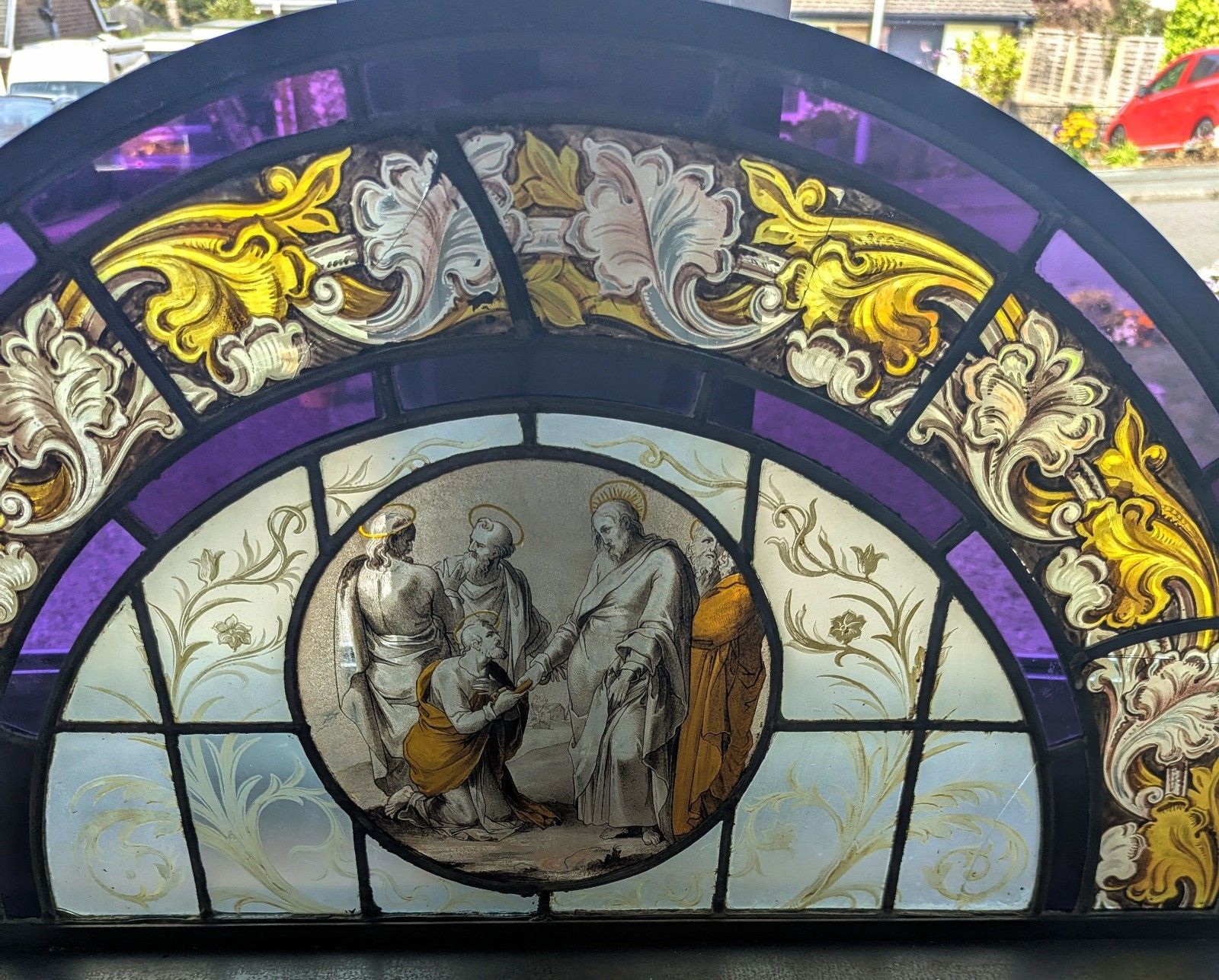 Beautiful 19th C Religious Hand Painted Stained Glass Steel Stand Delivery Available 0110. photo vintage