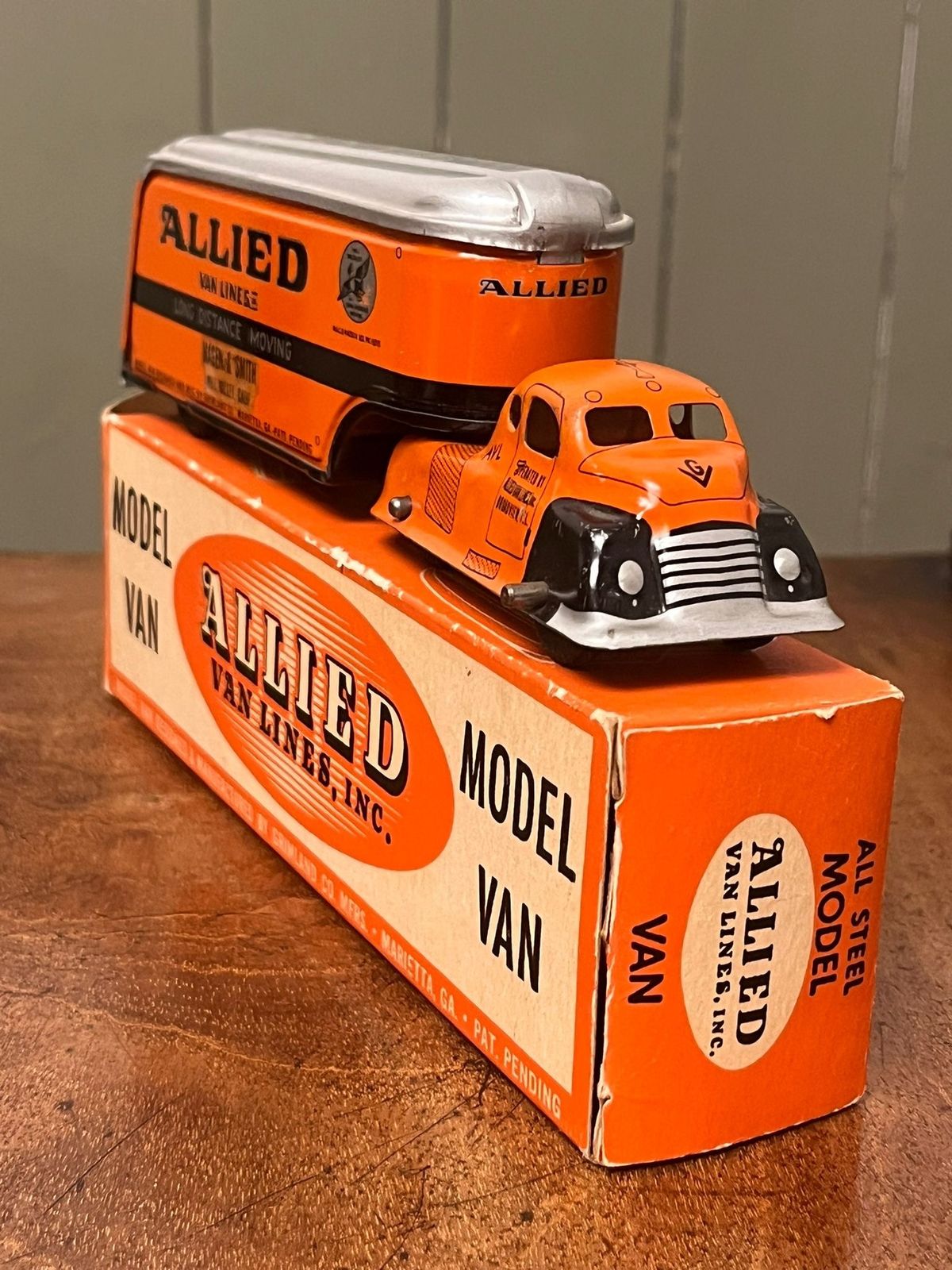 1930's American Grimland Co Tin Litho Allied Moving Van Lines Truck W/ Box