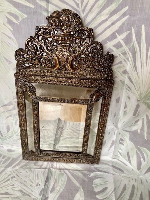 19th Century French Napoleon III Brass Pierced Repousse Cushionmirror photo 480.0
