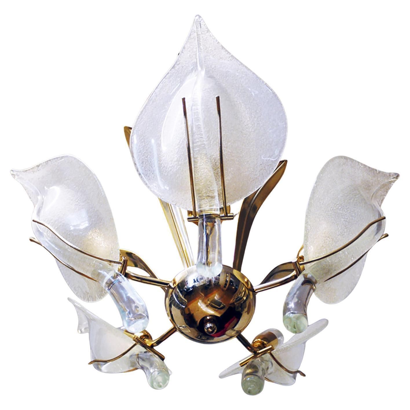 Mid Century Italian Murano Leaf Chandelier Glass & Brass By Archimede Seguso photo vinterior