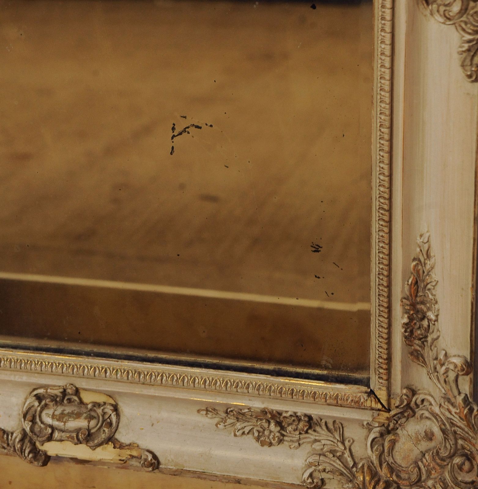 Beautiful 19th Century Cream French Painted Decorative Rectangular Wall Mirror With Decorative Gilt Gesso Florals And Foliage Detailing photo vinterior