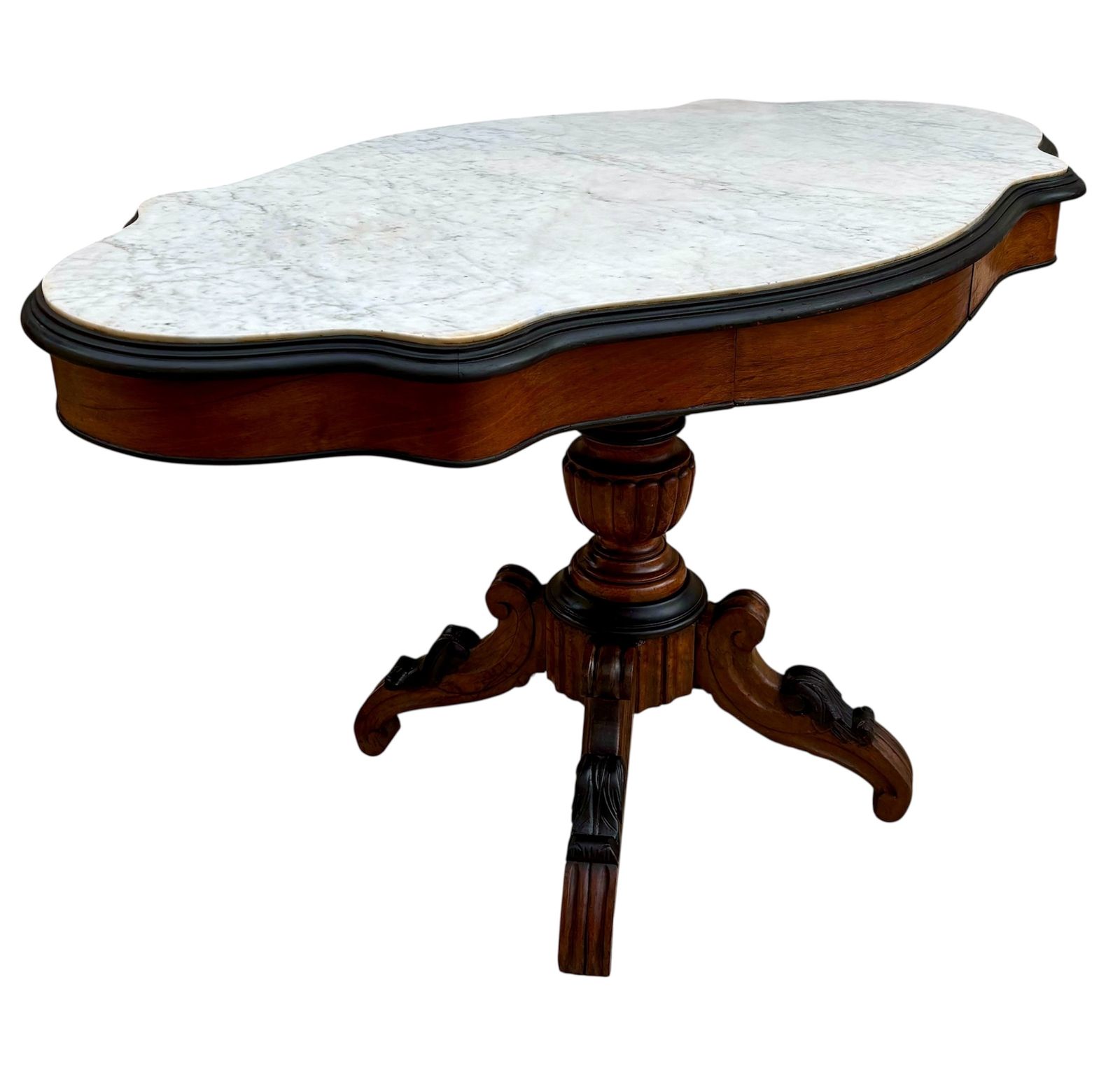 Old Walnut And Marble Pedestal Table Italian Louis Philippe From The Mid 19th Century With Two Drawers